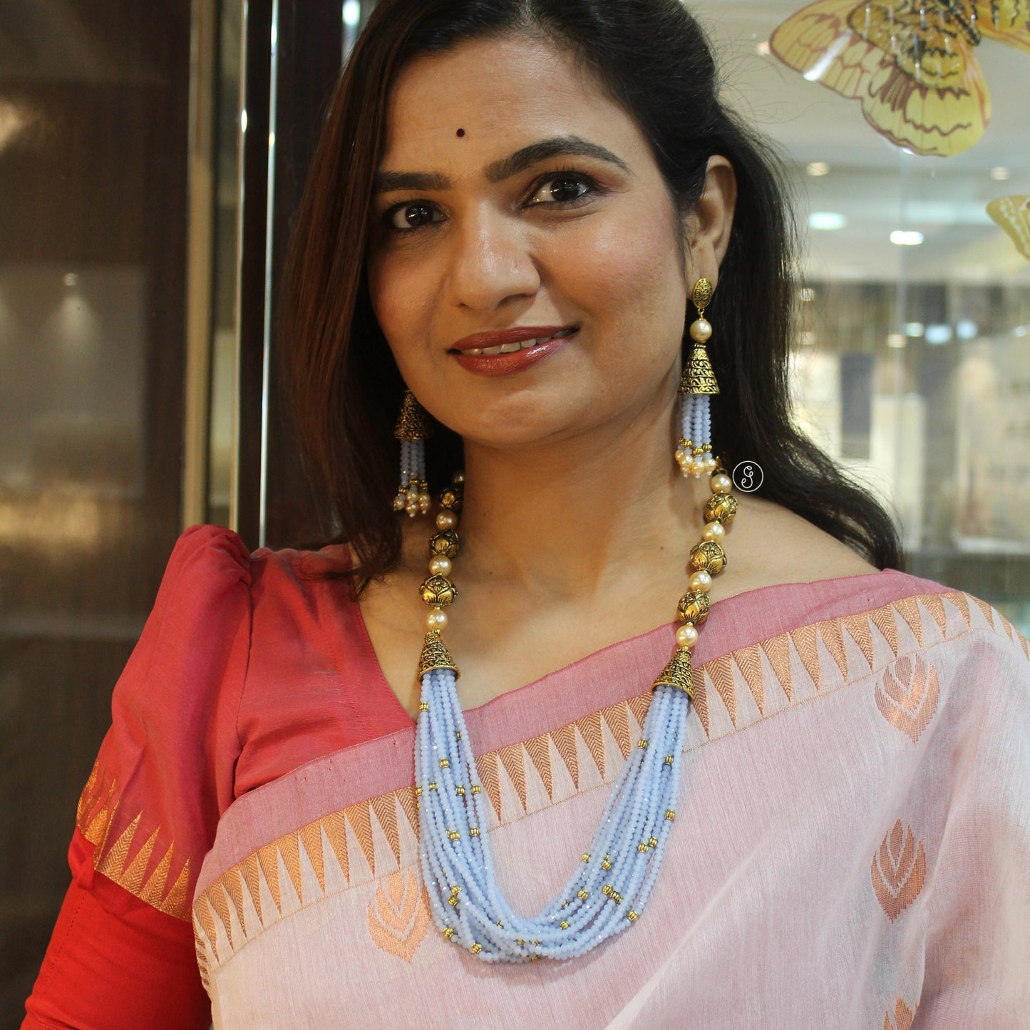 Light Blue Crystal & Brass Beads Mala Necklace Set
