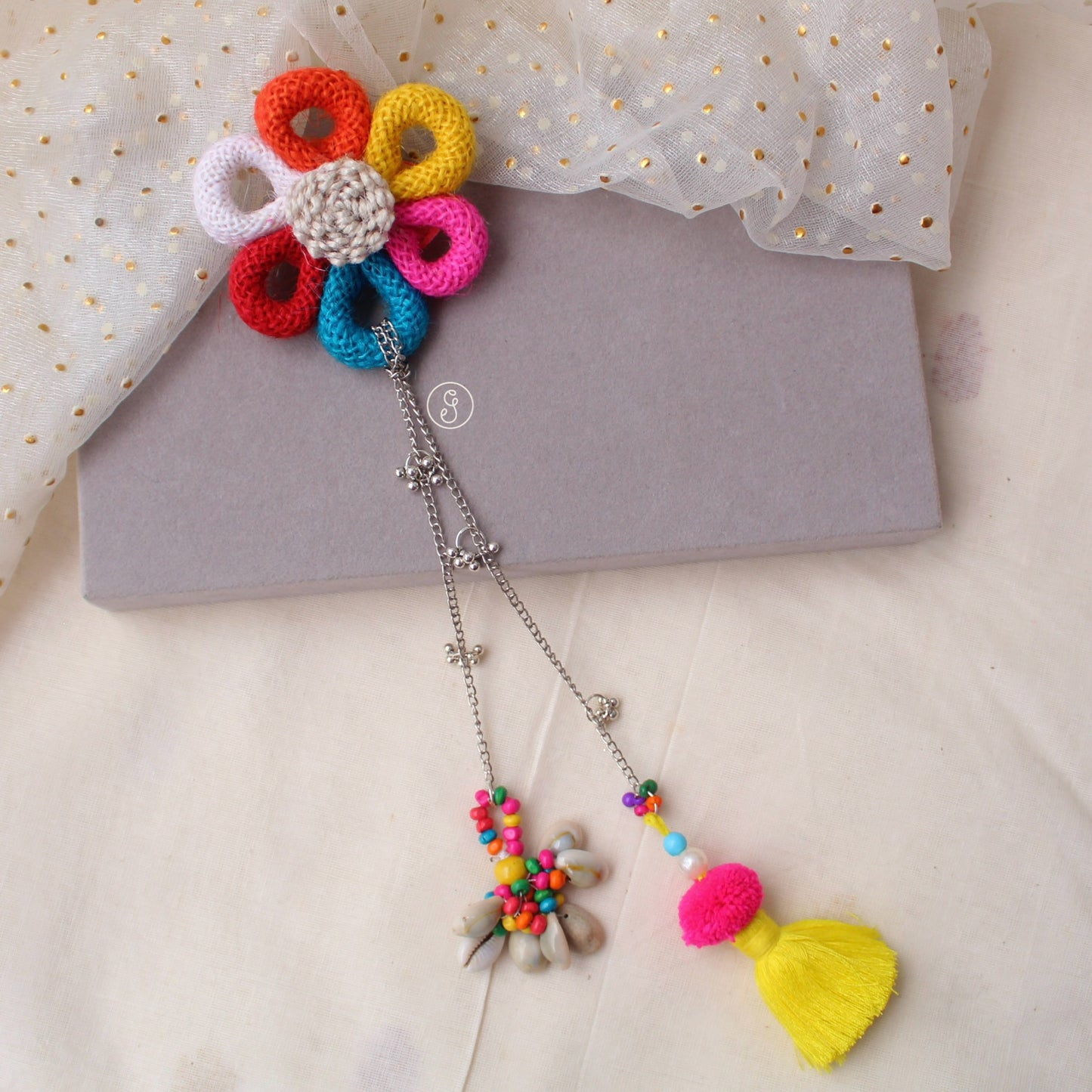 Beautiful Colourful Jute Flower Hair Clip With Pretty Strings