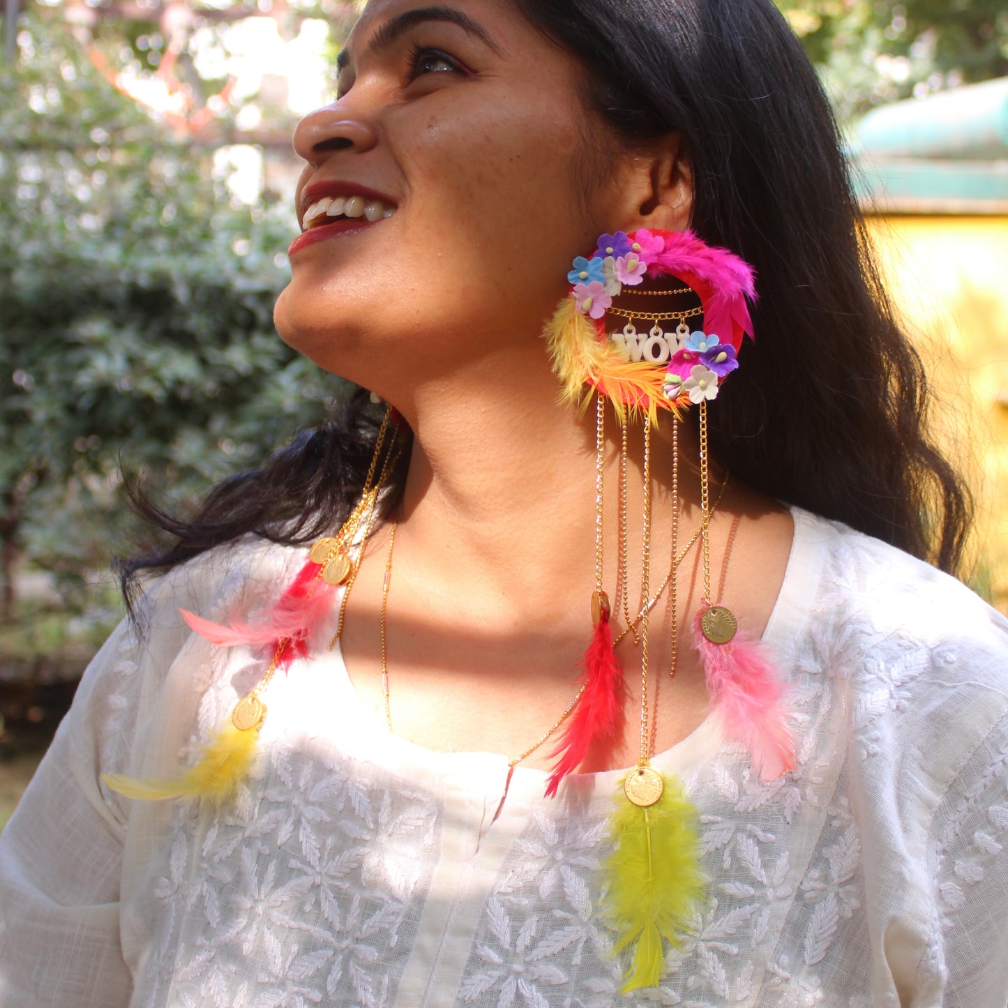 Vibrant Feathers & Flowers Work Long Earrings