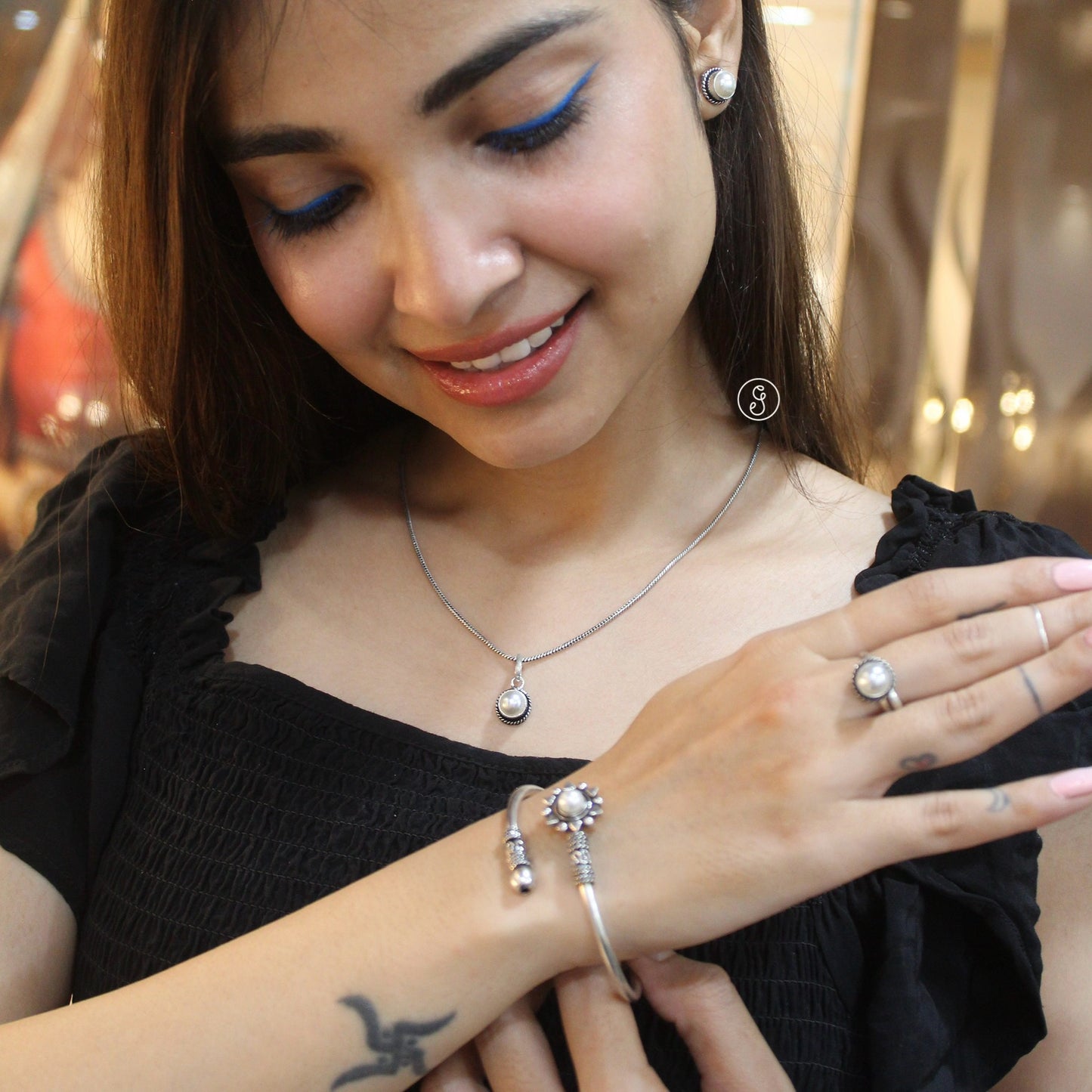 Oxidised Silver Chain, Studs, Ring & Bracelet Combo