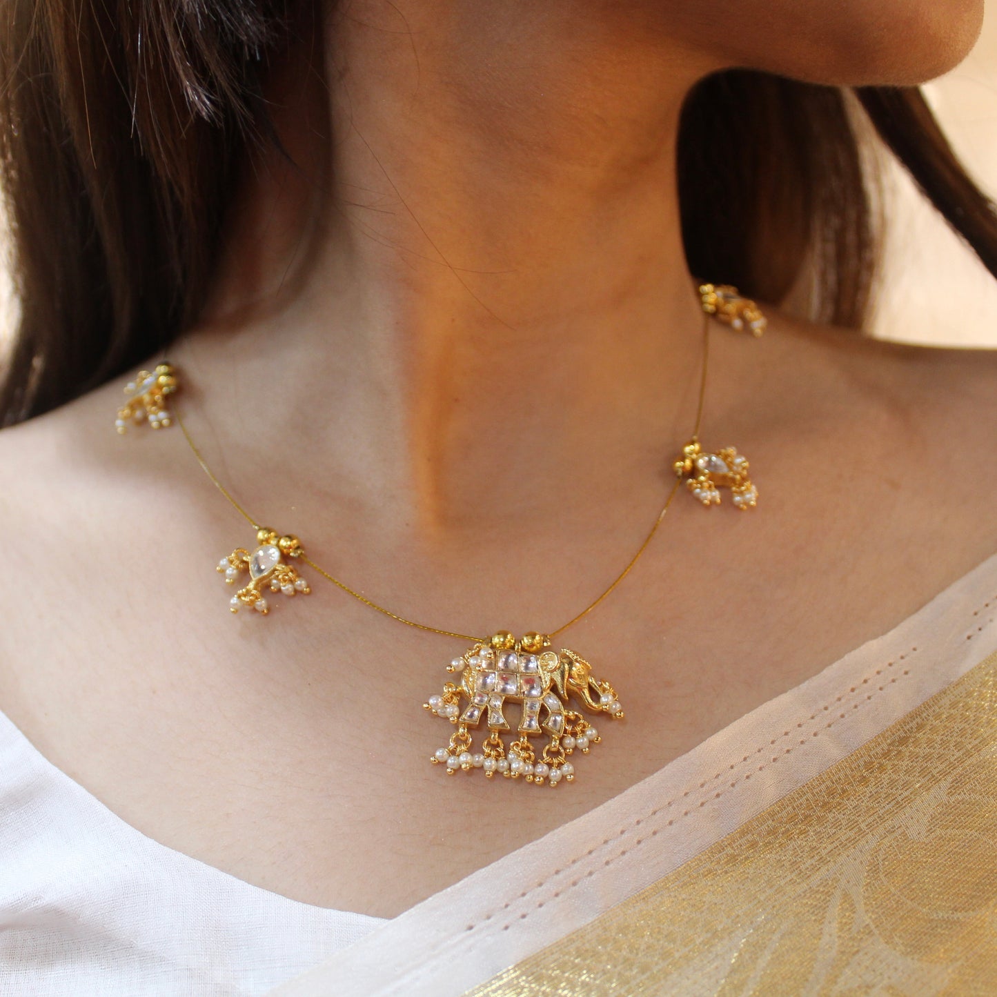 Gold Plated Elephant Design Kundan Necklace Set