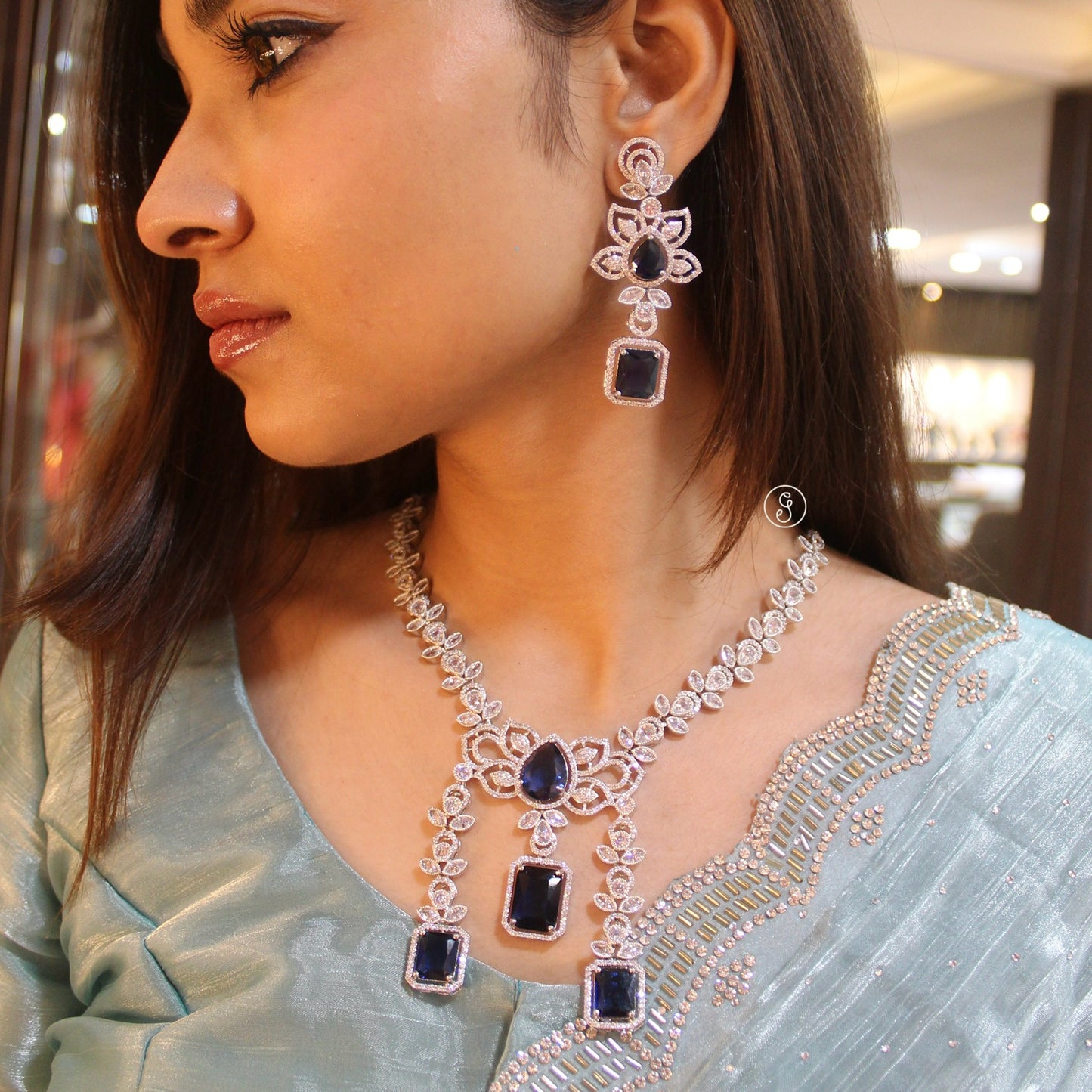 Blue & Silver CZ Diamonds Classic Designer Set