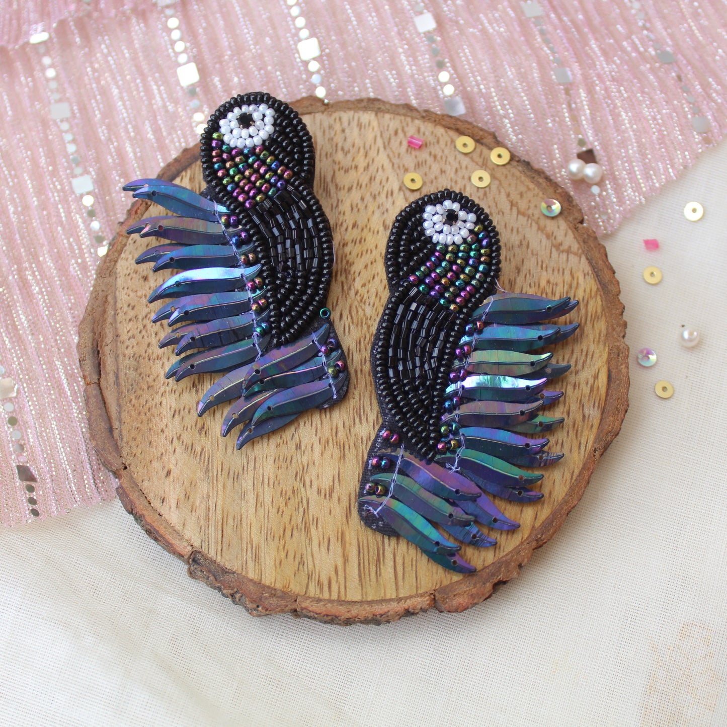 Black Rainbow Beaded Bird Earrings