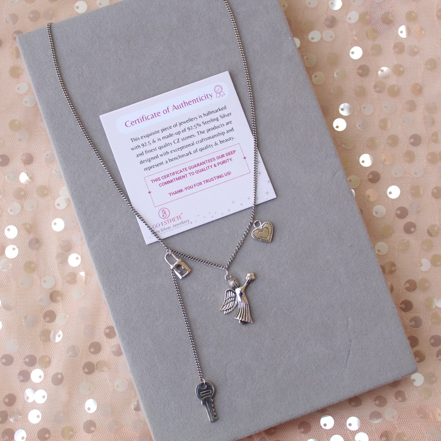 92.5 Pure Silver Chain With Angel & Heart Charms