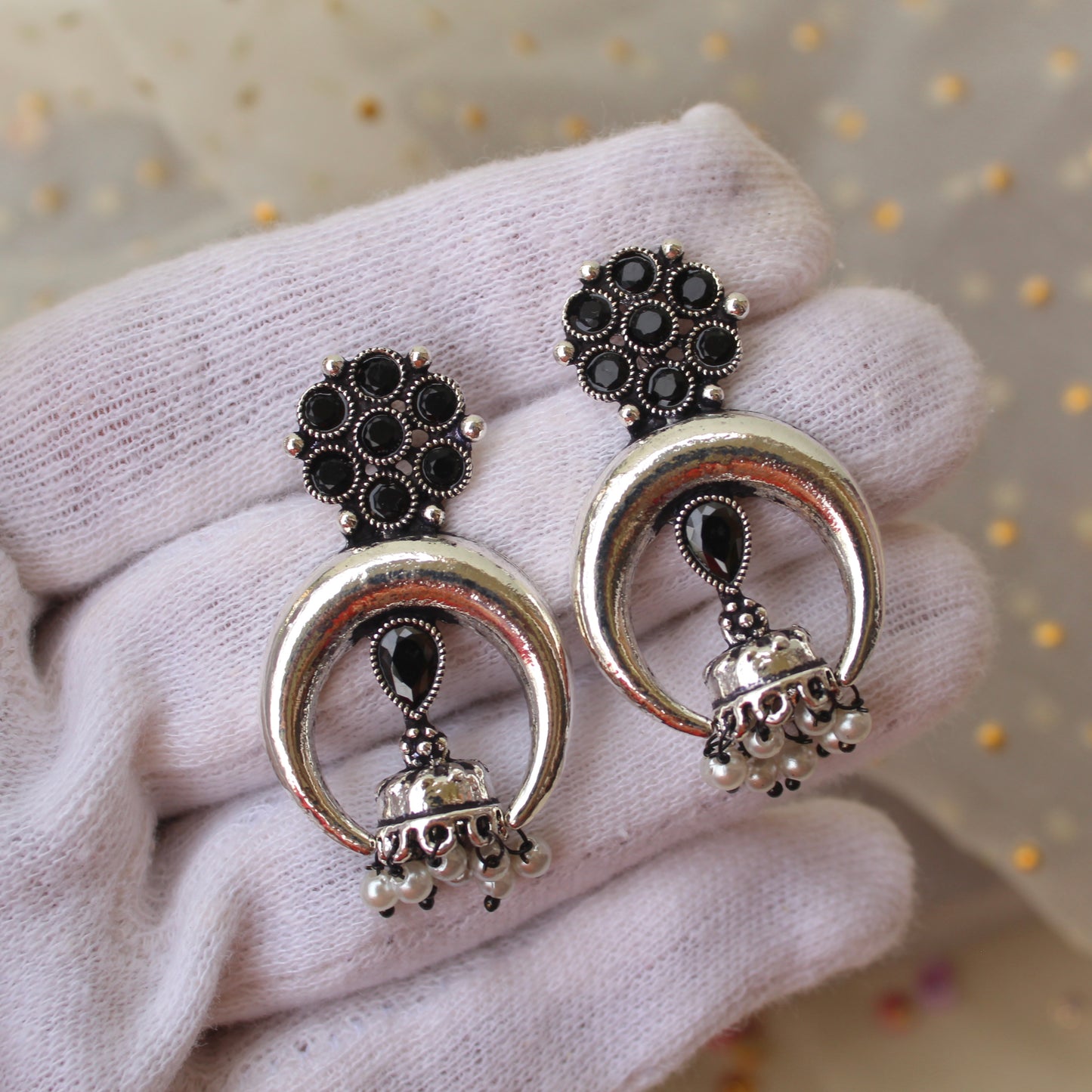 Unique Oxidised Silver Jhumki Studs