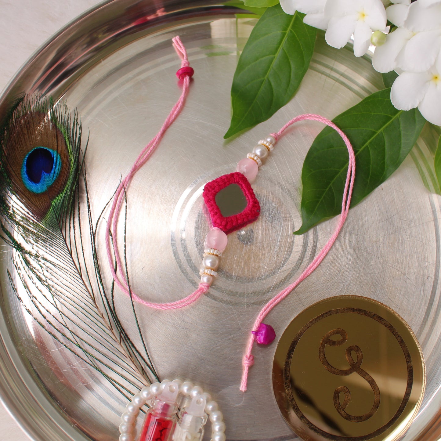 Exclusive Pink Mirror Work Bhai-Bhabhi Rakhi