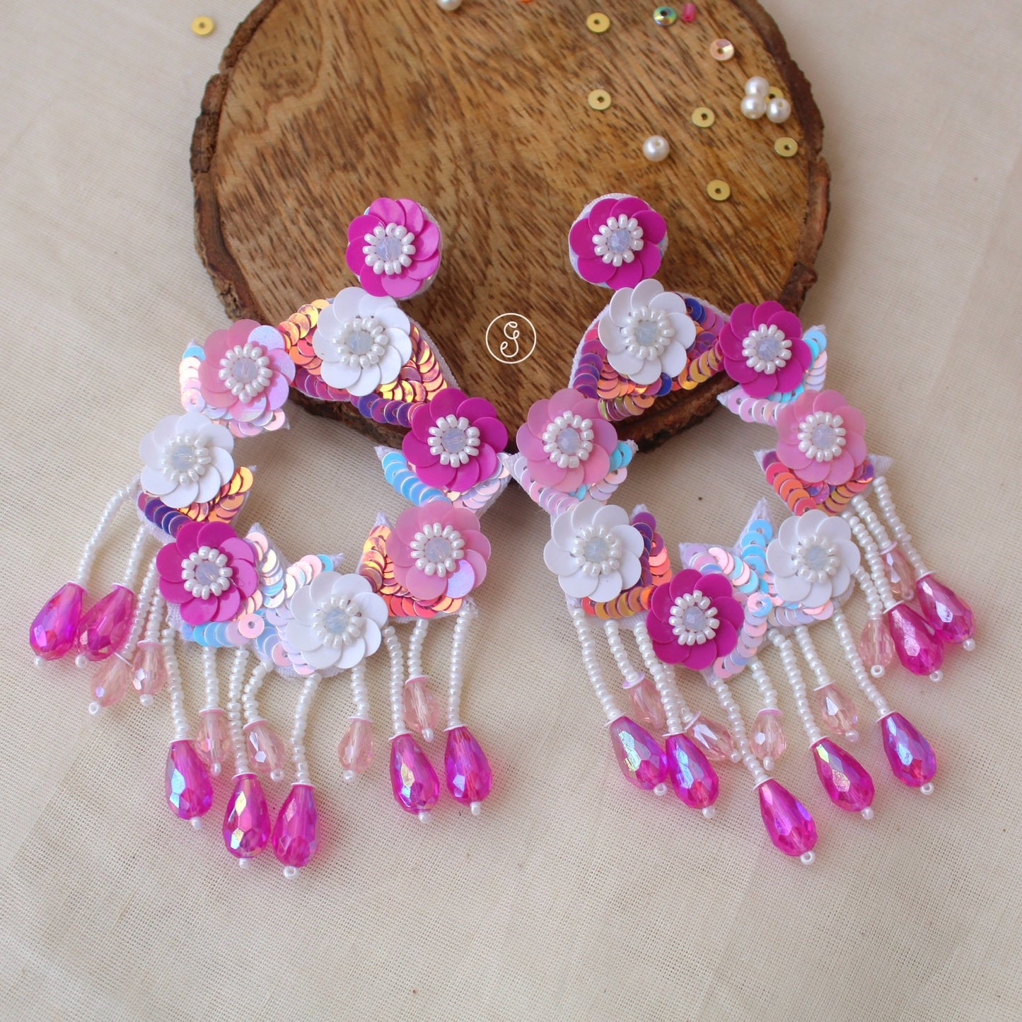 Fabulous Pink & White Sequence Work Earrings