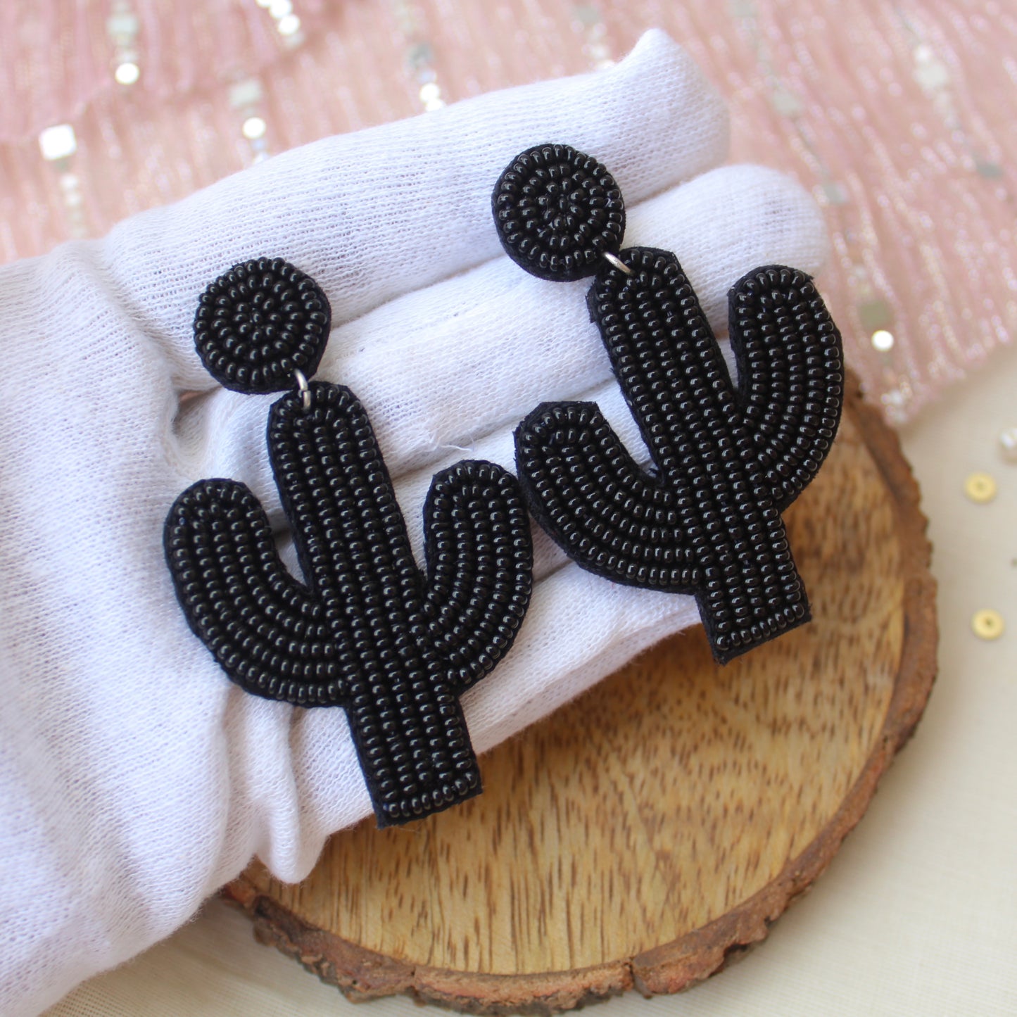 Black Handcrafted Beaded Cactus Earrings