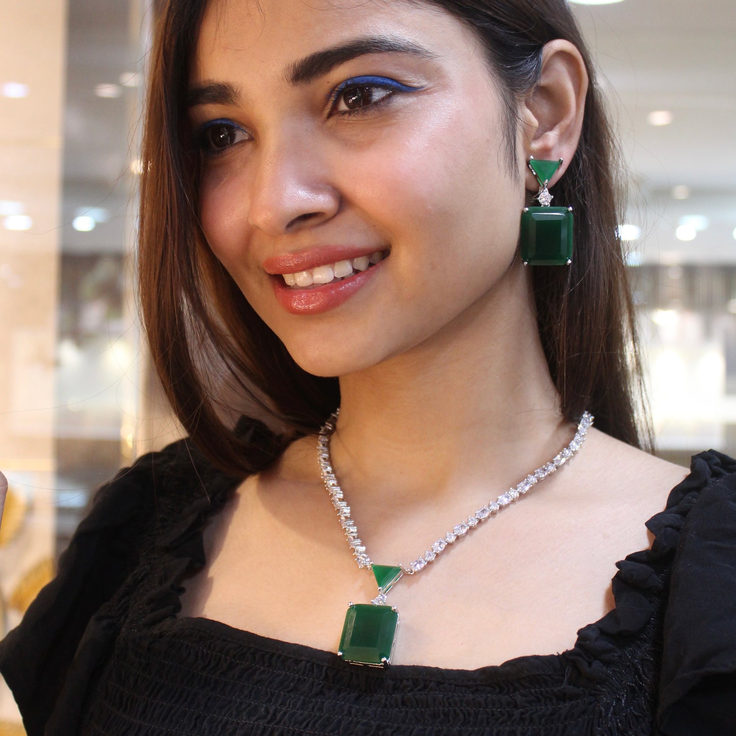 Luxurious Emerald Green Stone & CZ Diamonds Set