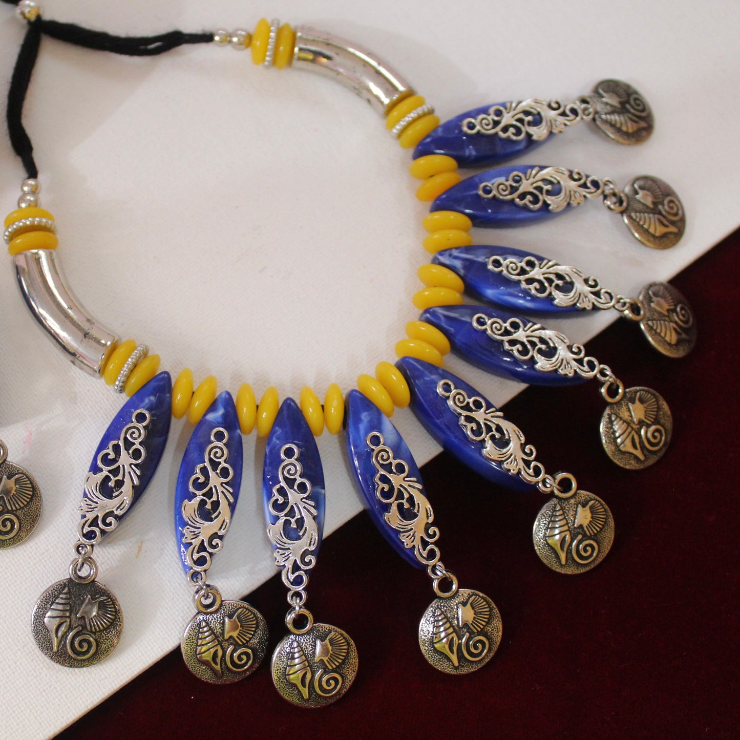 Blue & Yellow Oxidised Silver Necklace Set