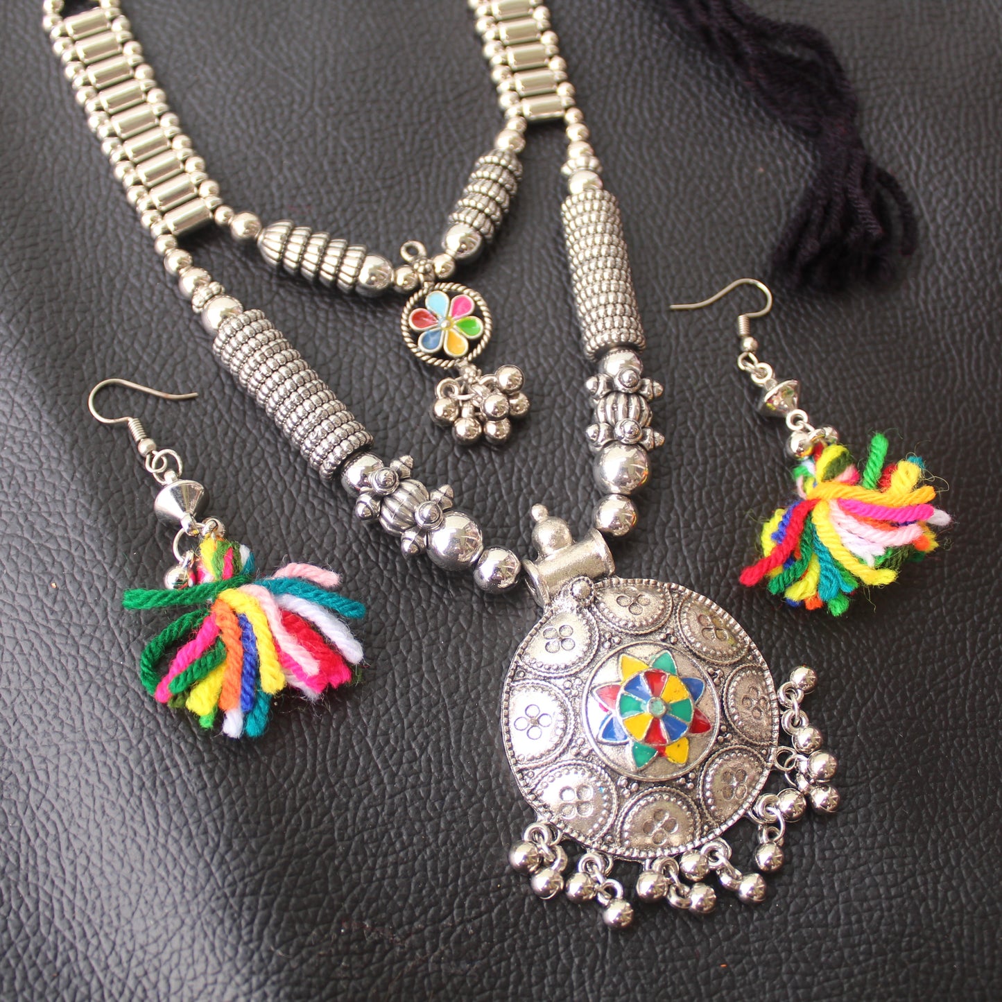 Double Layered Oxidised Silver Necklace Set