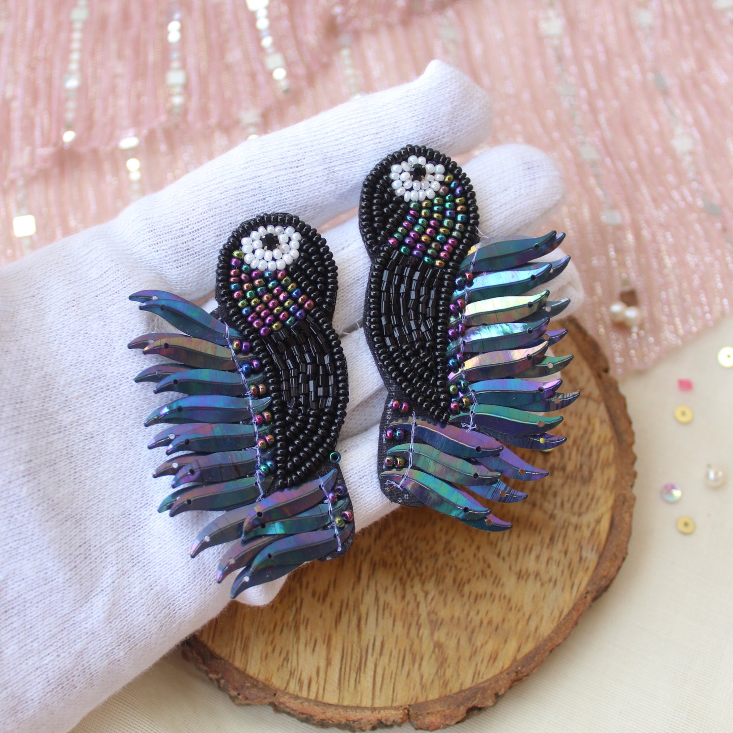 Black Rainbow Beaded Bird Earrings