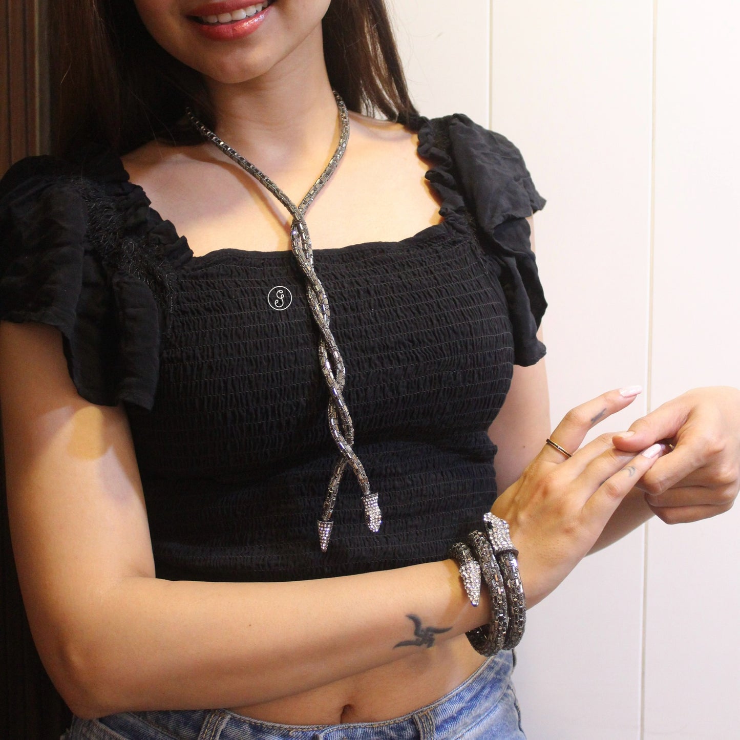 Black Fully Flexible Snake Style Necklace & Bracelet