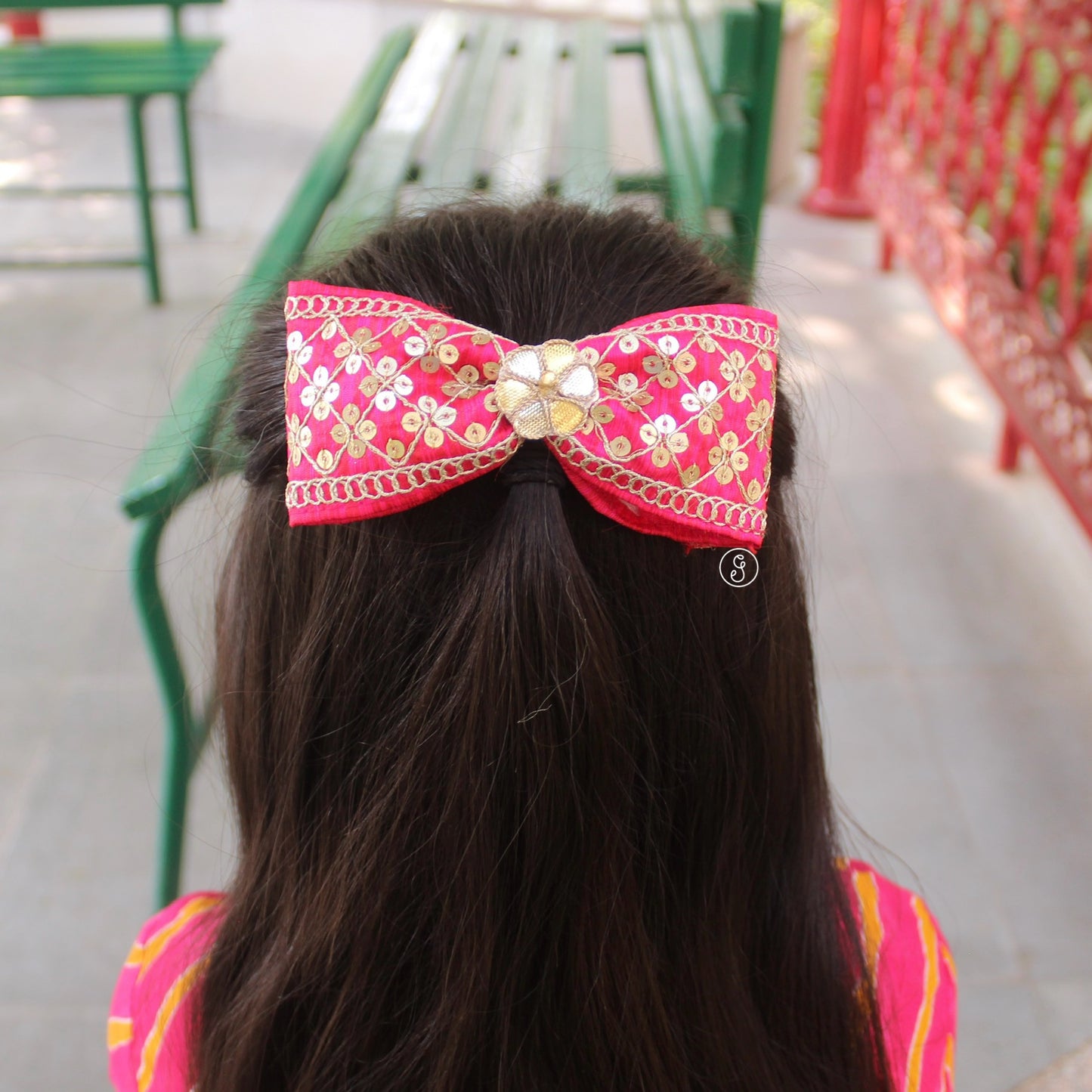 Pink Sequin Ethnic Hair Bow Buckle