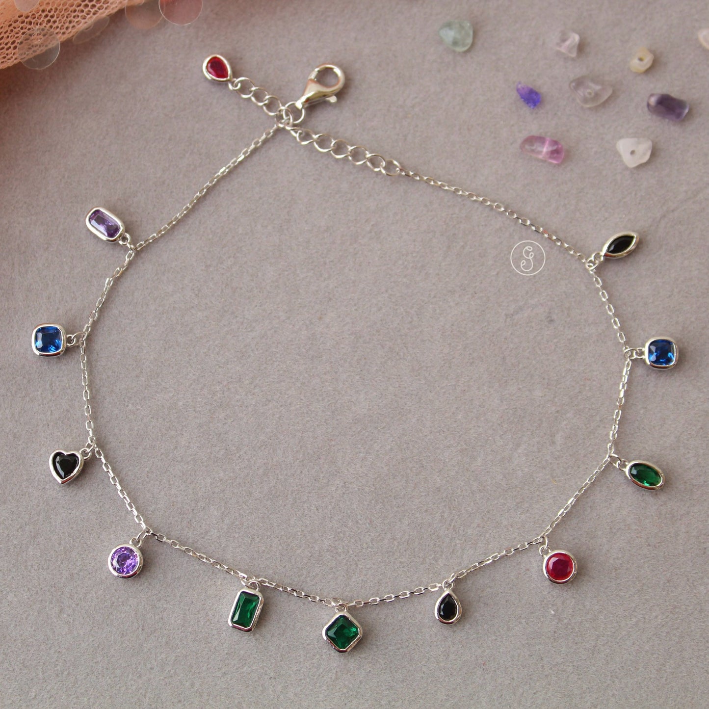 92.5 Sterling Silver Anklet With Multicolour Charms