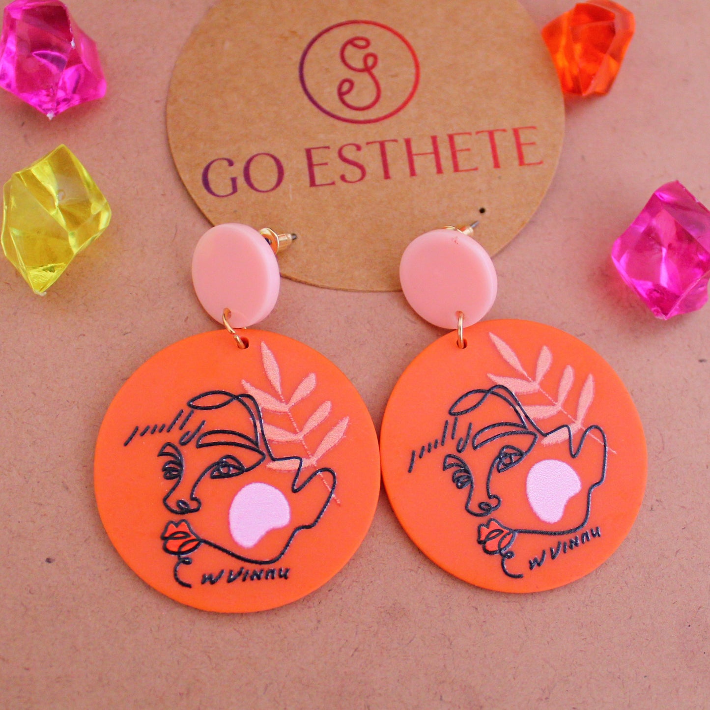 Pink & Orange Colour Abstract Art Printed Earrings