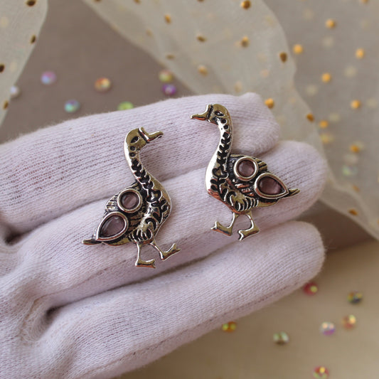 Cute Oxidised Silver& Pink Duck Stud Earrings