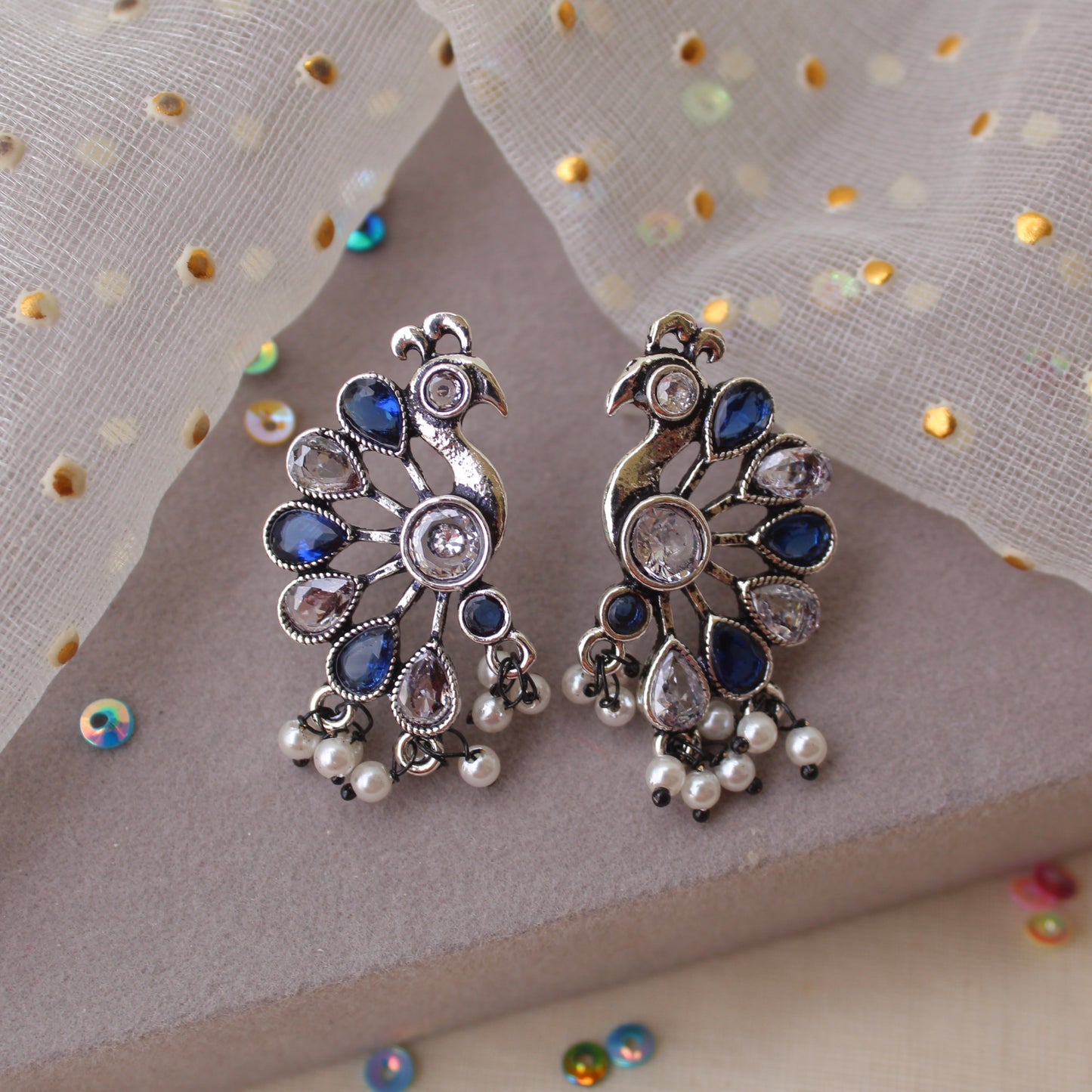 Blue & Oxidised Silver Peacock Design Earrings
