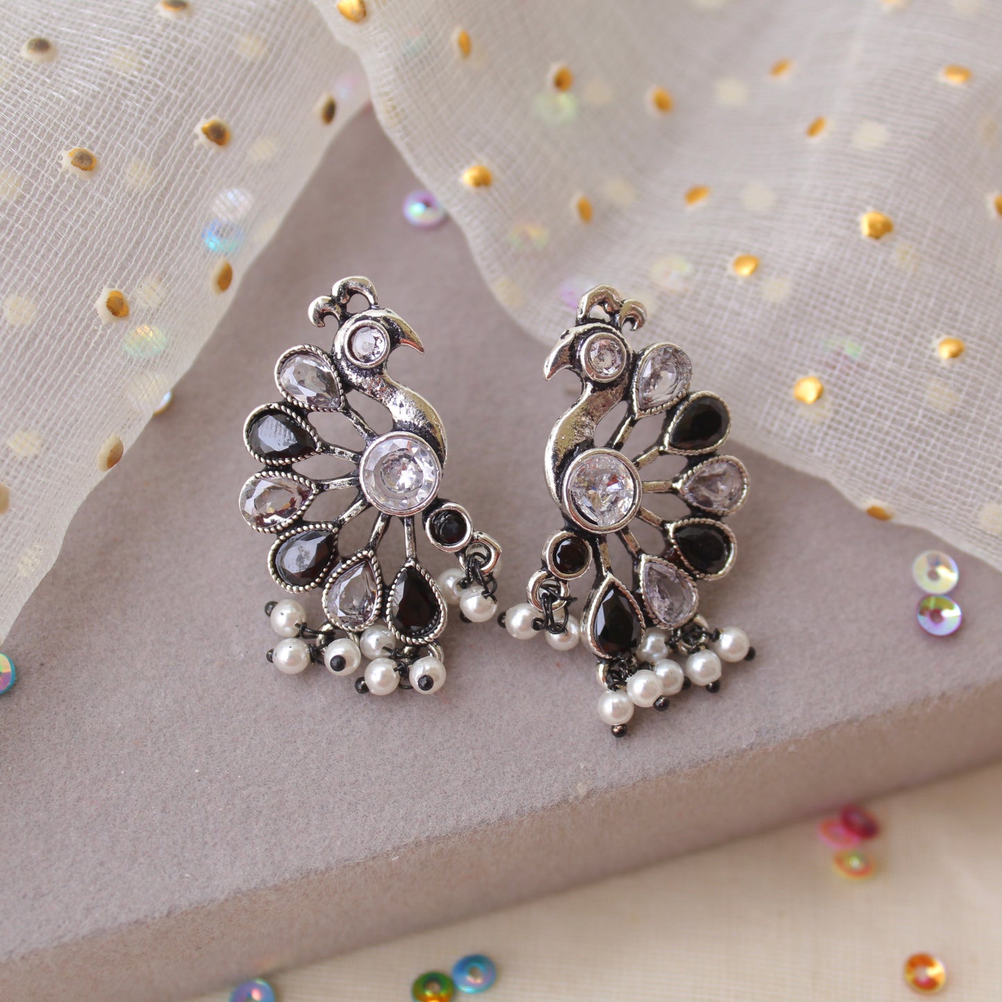 Oxidised Silver & Black Peacock Design Earrings