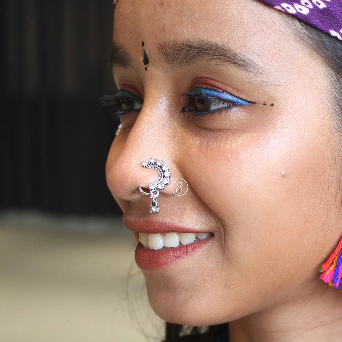 Diamond Studded Oxidised Silver Press-on Nose Pin/Nath