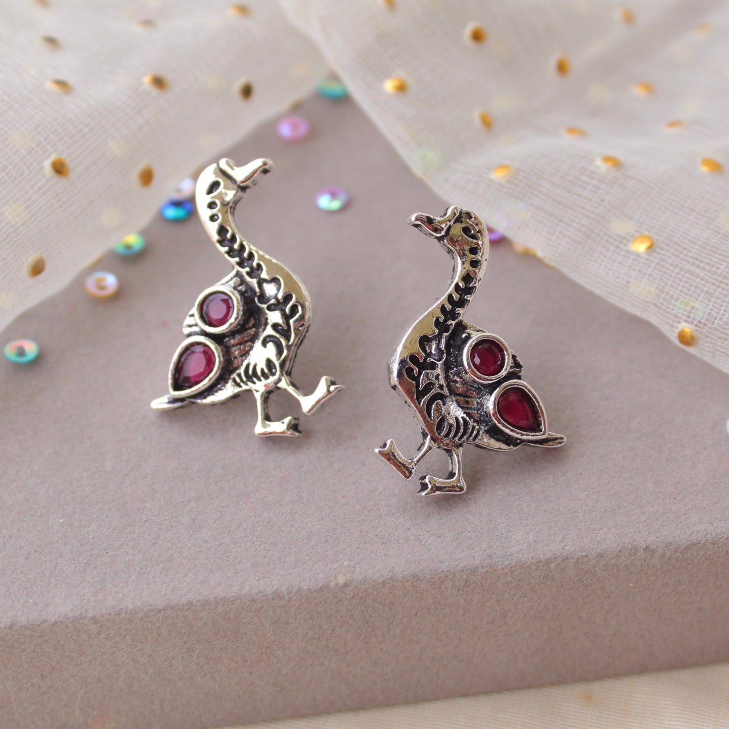 Pretty Oxidised Silver Duck Stud Earrings