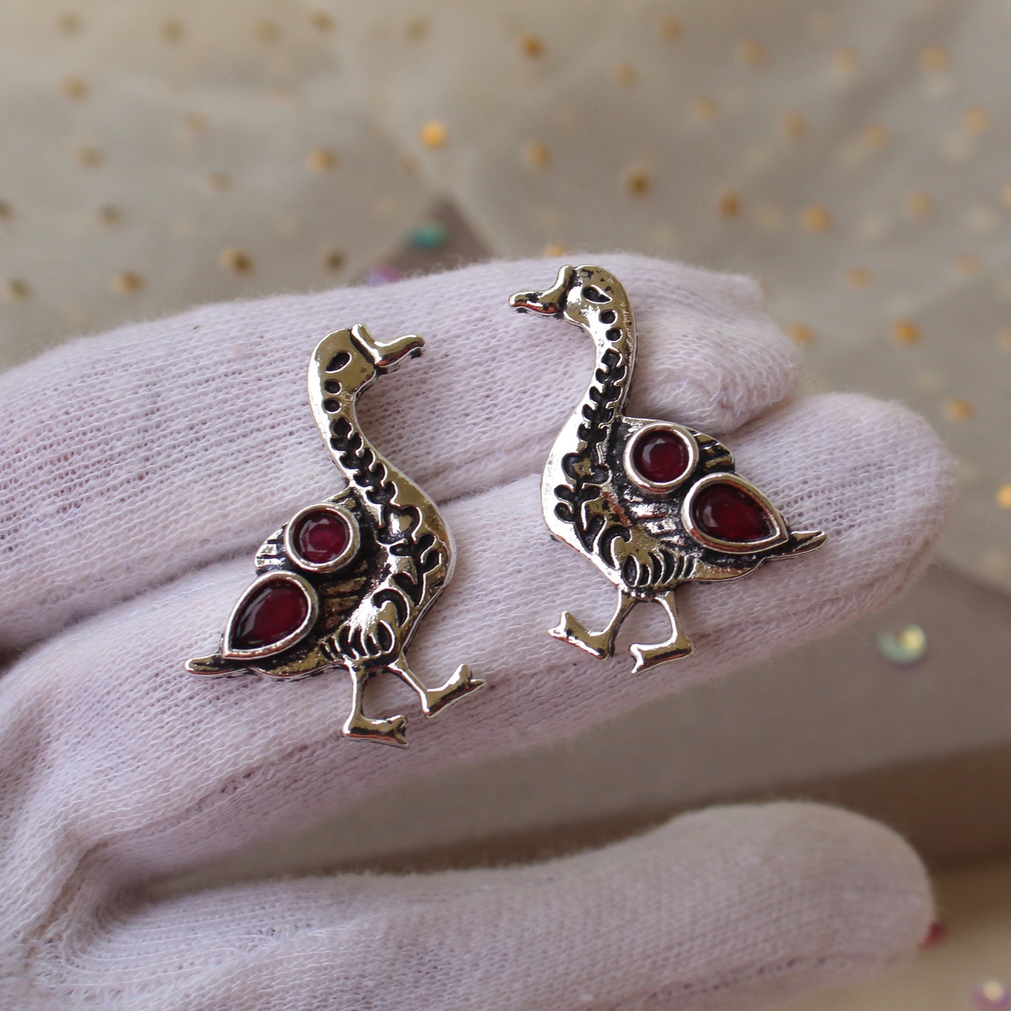 Pretty Oxidised Silver Duck Stud Earrings