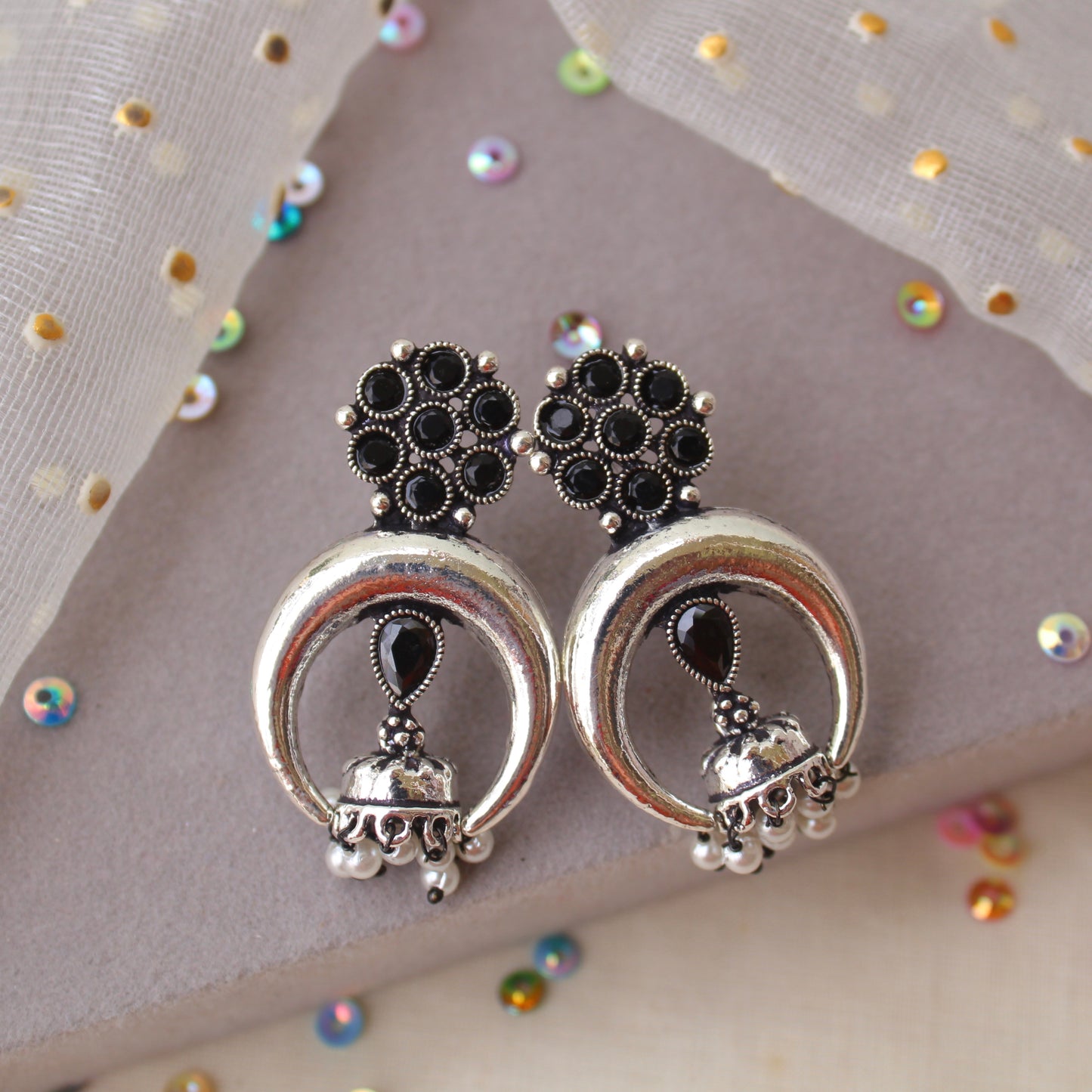 Unique Oxidised Silver Jhumki Studs