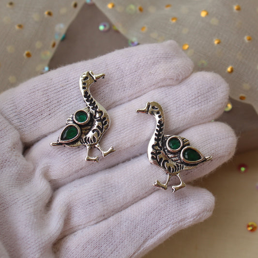 Chic Oxidised Silver Duck Stud Earrings
