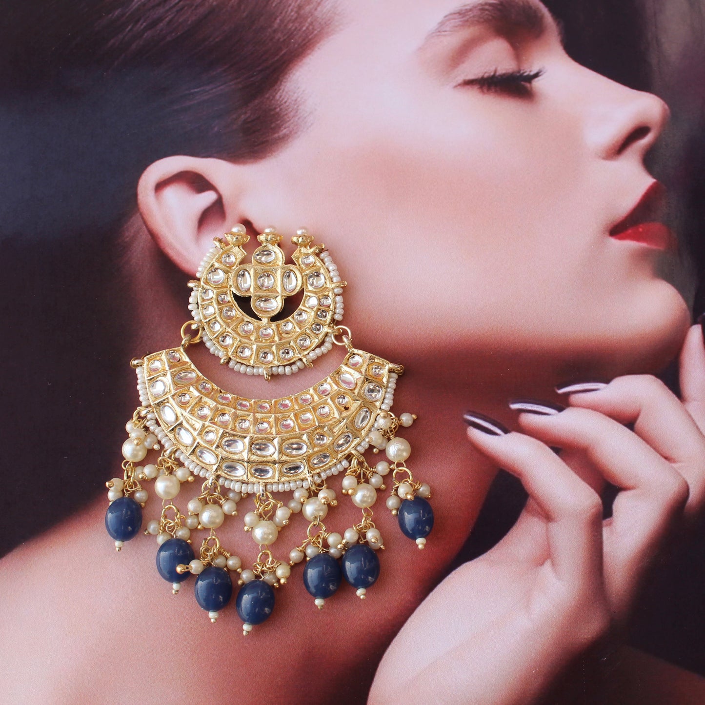 Blue Kundan & Beads Embellished Chandbali