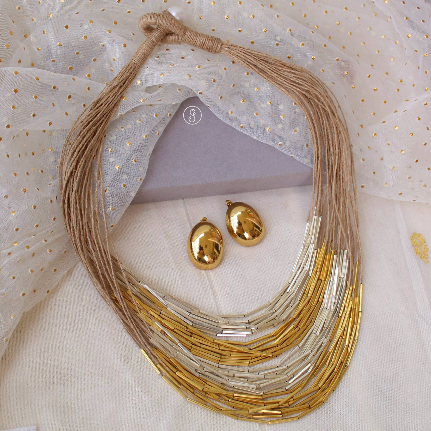 Exclusive Jute Necklace With Dual Tone Brass Beads