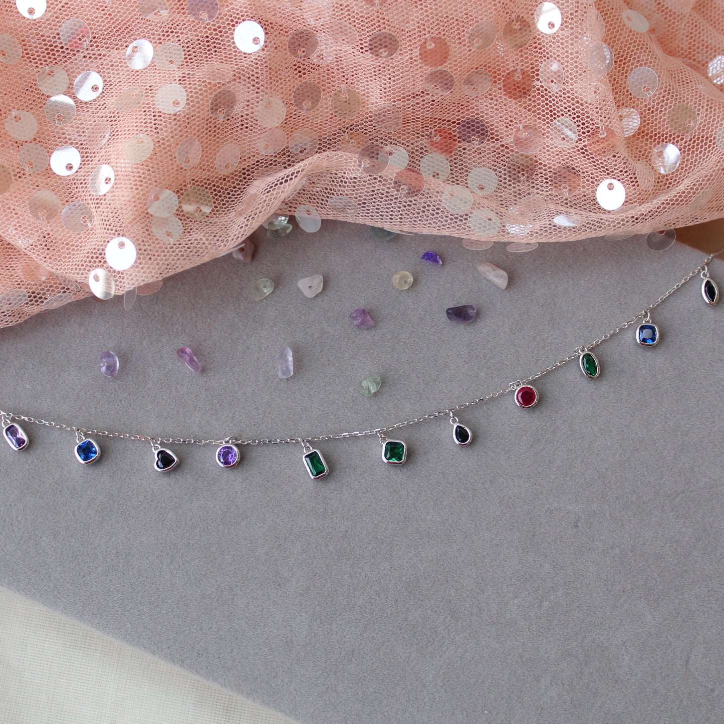 92.5 Sterling Silver Anklet With Multicolour Charms