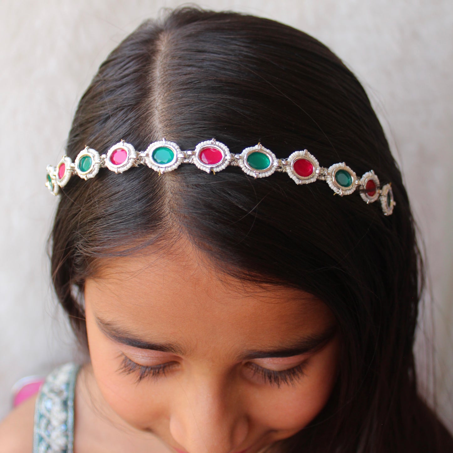 Green & Pink Kundan Charms Silver Hairband