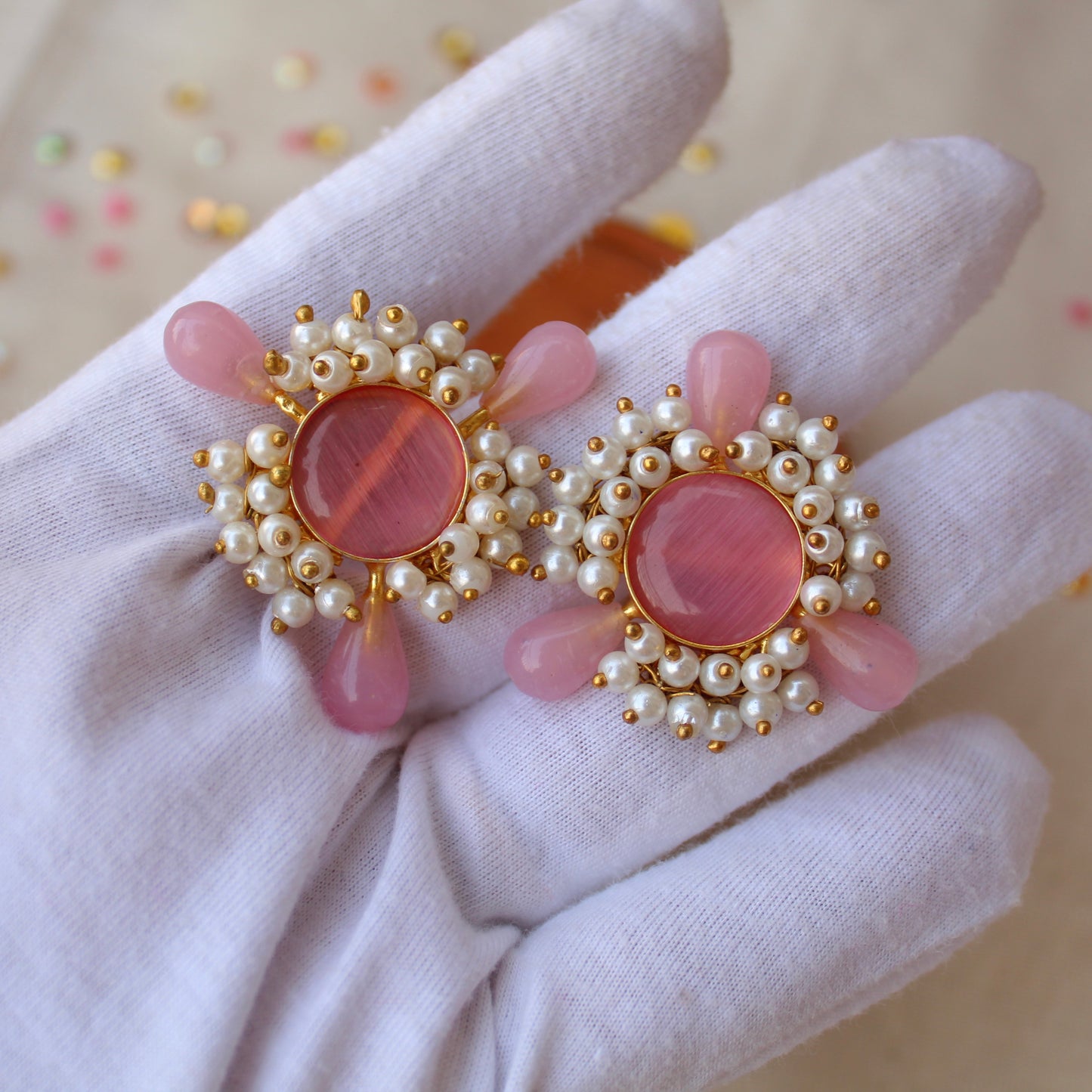 Pink Monalisa Stones Work Designer Studs