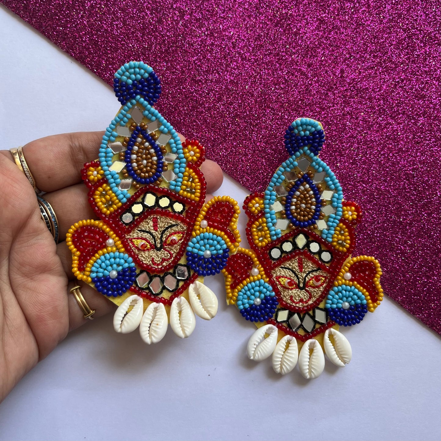 Divine Maa Durga Colourful Beads & Shells Earrings