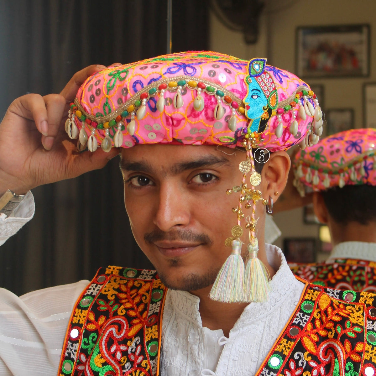 Pink Multicolour Embroidered Pagdi with Krishna Motif