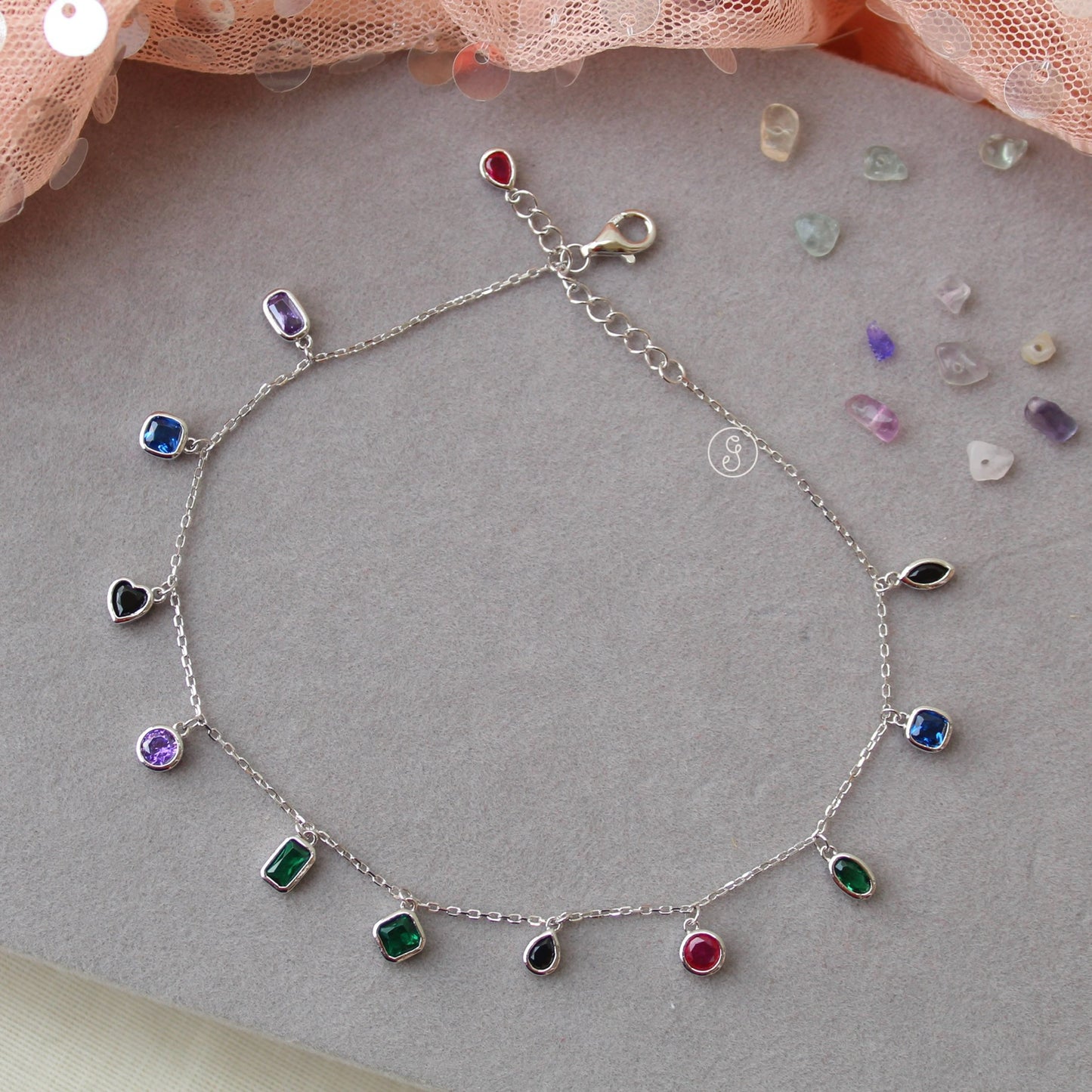 92.5 Sterling Silver Anklet With Multicolour Charms