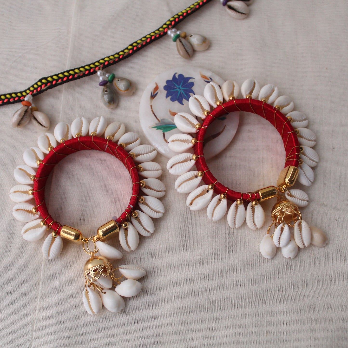 Red Thread & Shells Work Free Size Bangles Pair