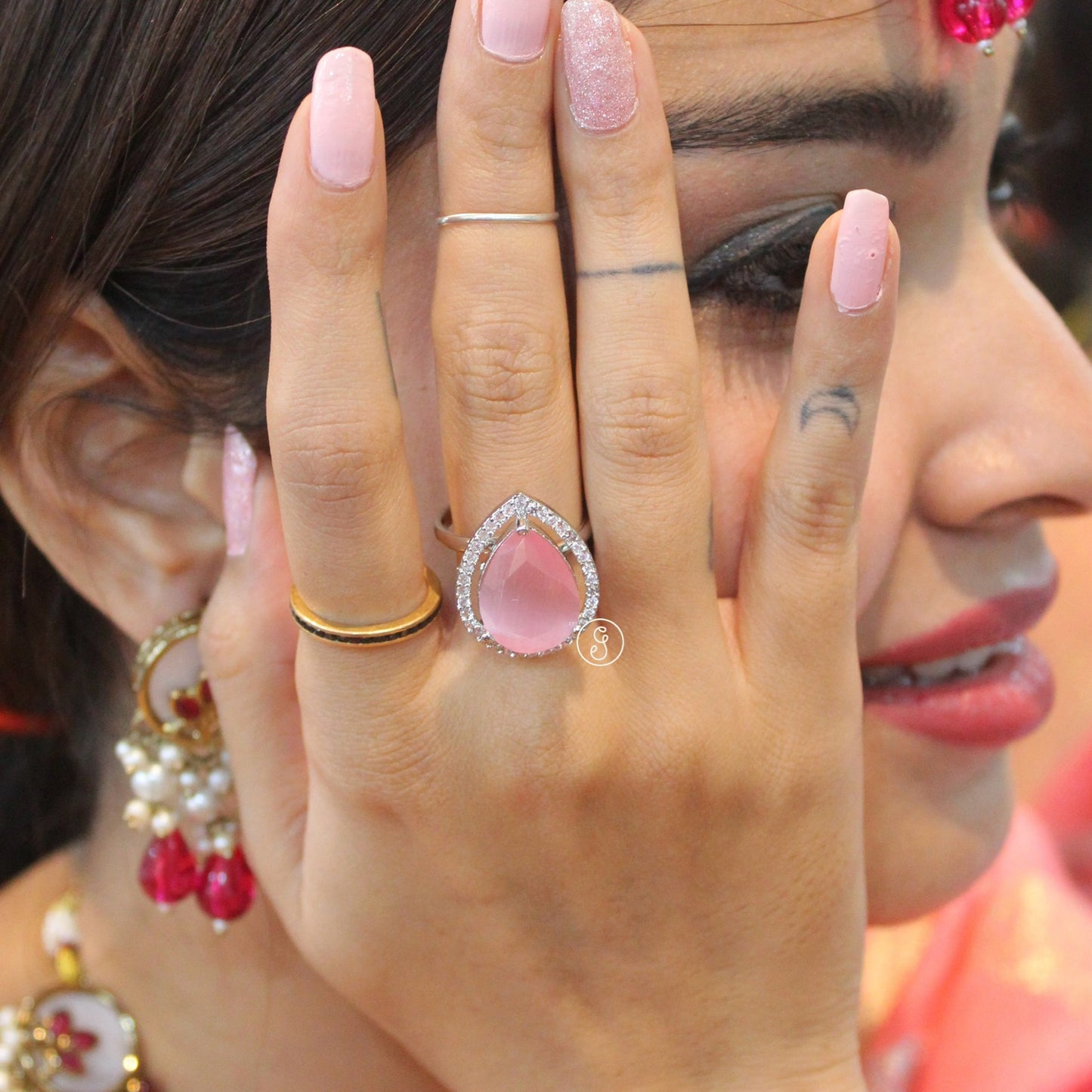 Pastel Pink Diamond Studded Adjustable Ring