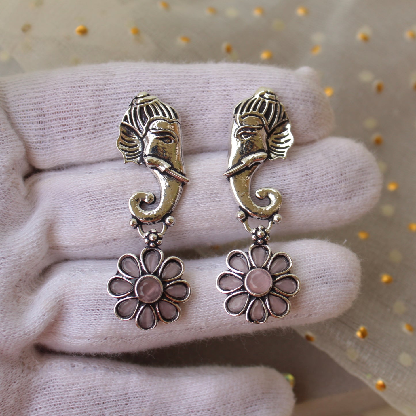Oxidised Silver & Pink Ganesha Earrings
