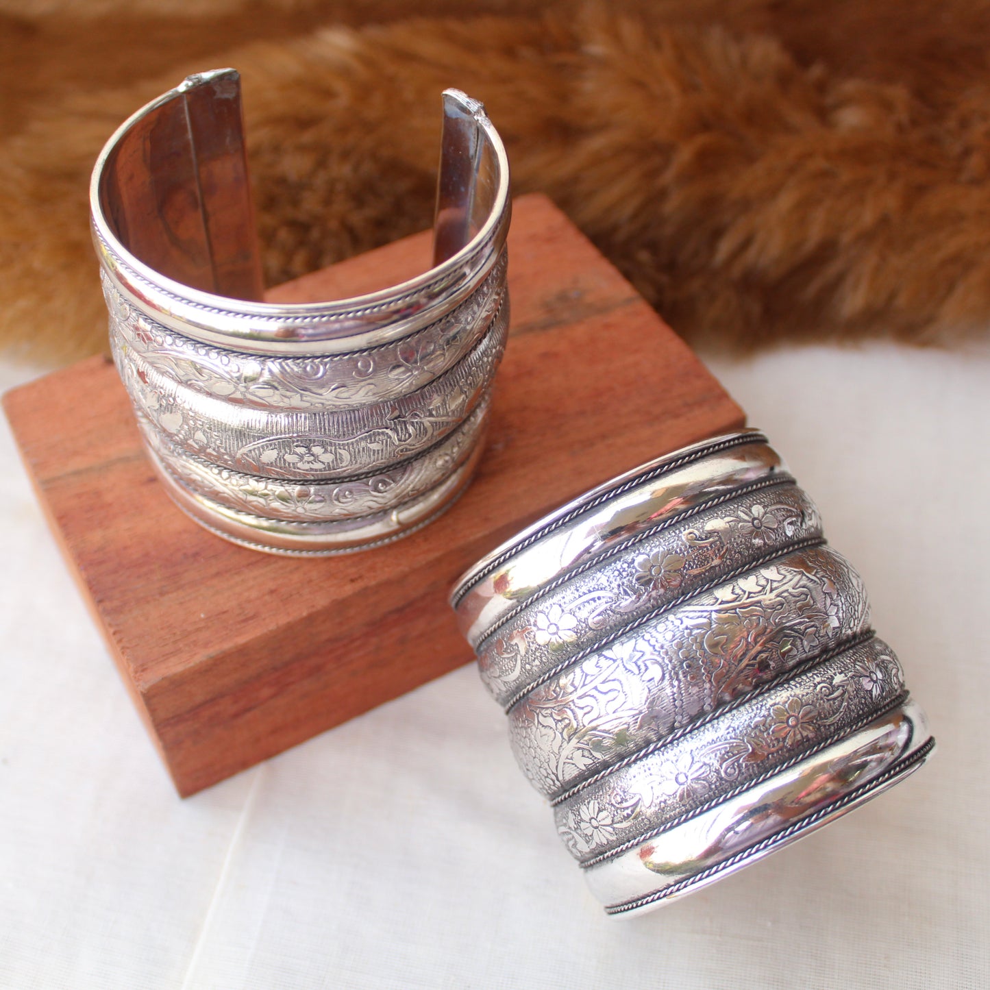 Classic Engraved Oxidised Silver Bracelet Pair