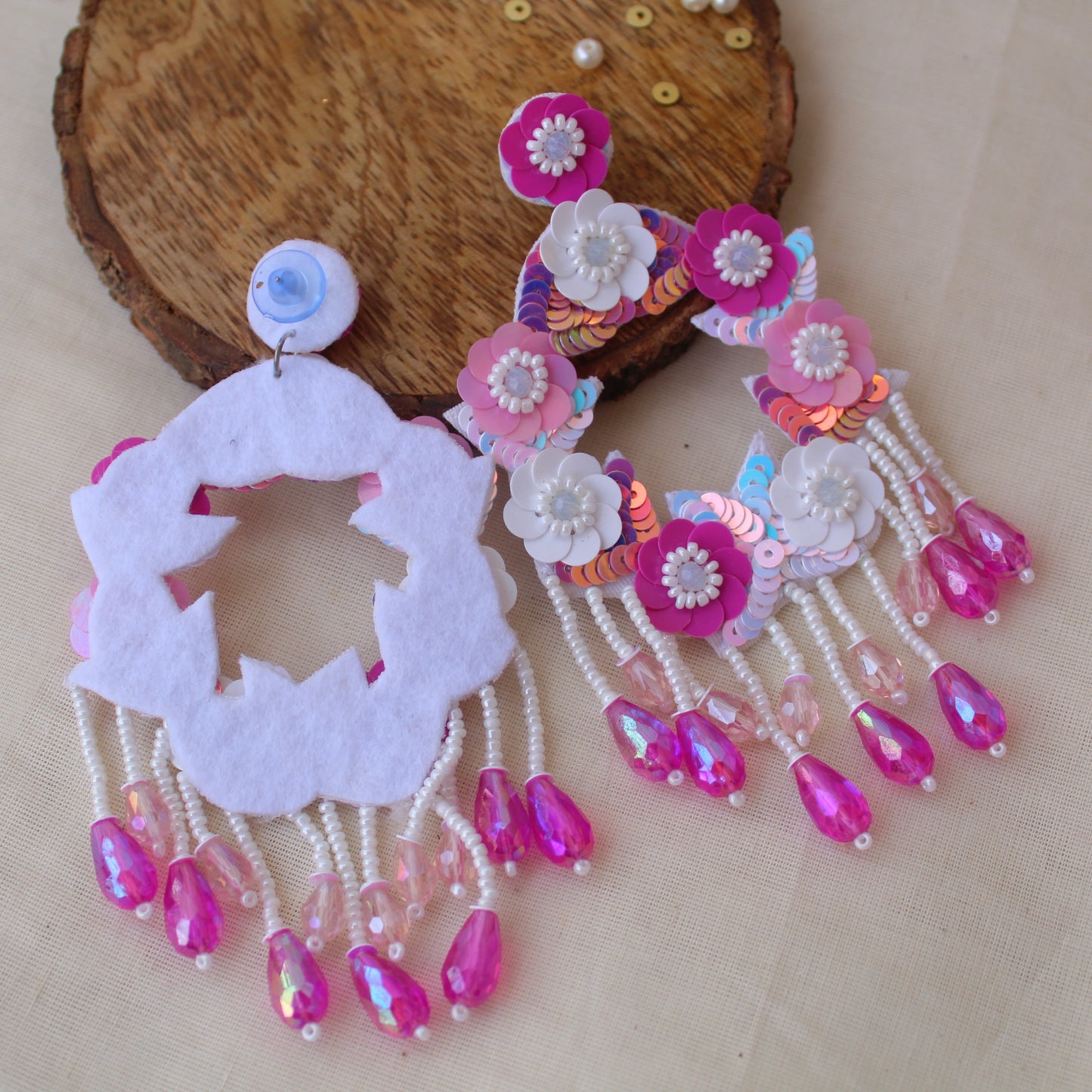 Fabulous Pink & White Sequence Work Earrings