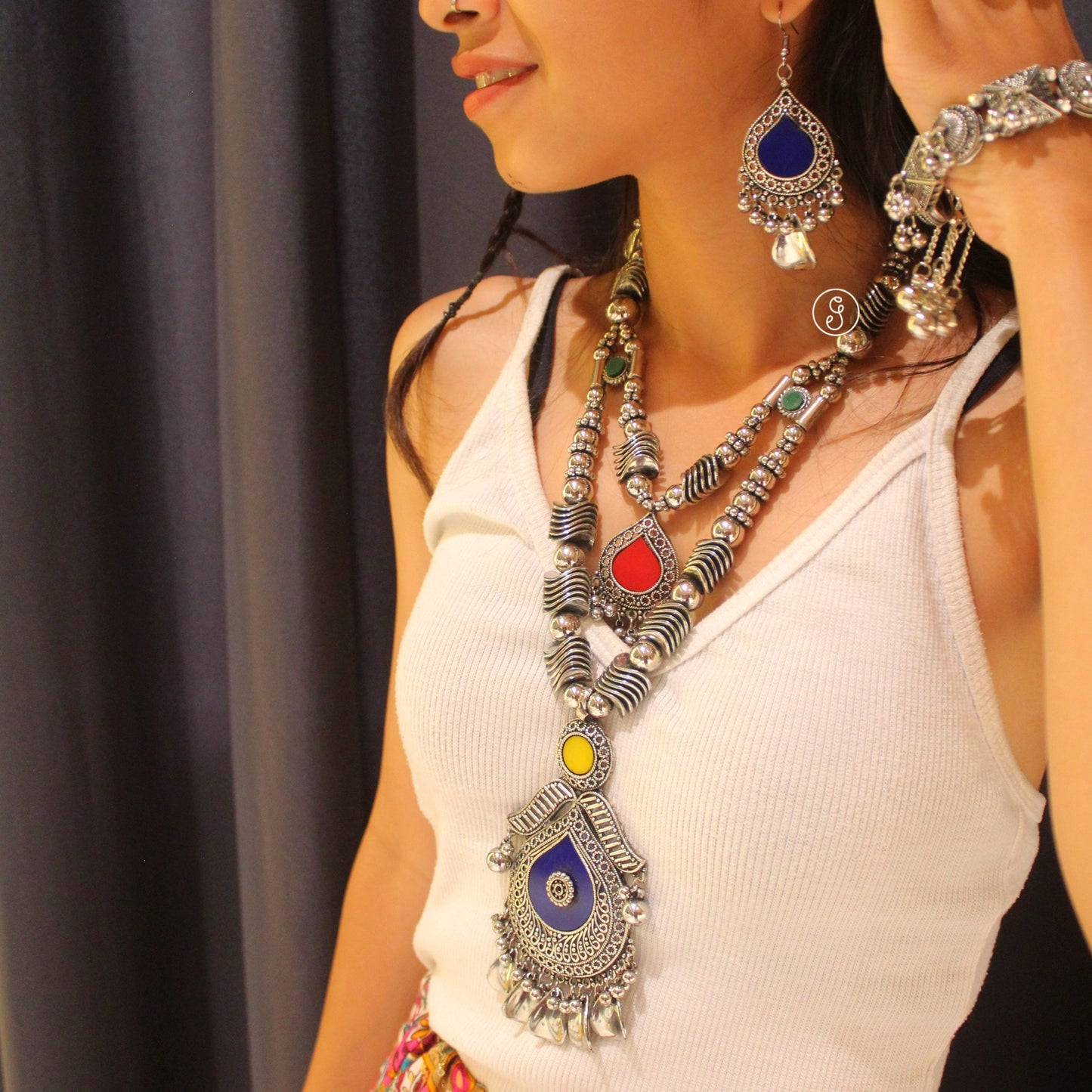 Double Layered Oxidised Silver Long Necklace Set