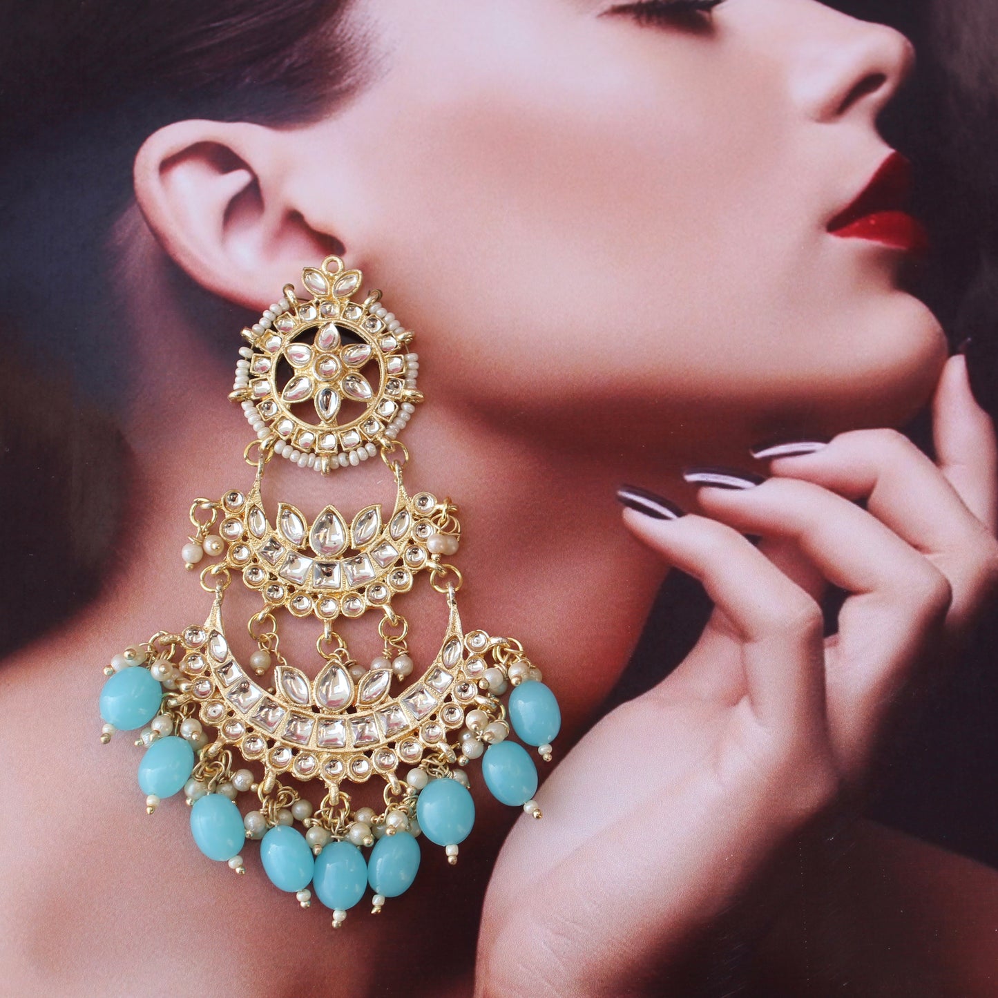 Blue Kundan & Beads Embellished Chandbali Earrings