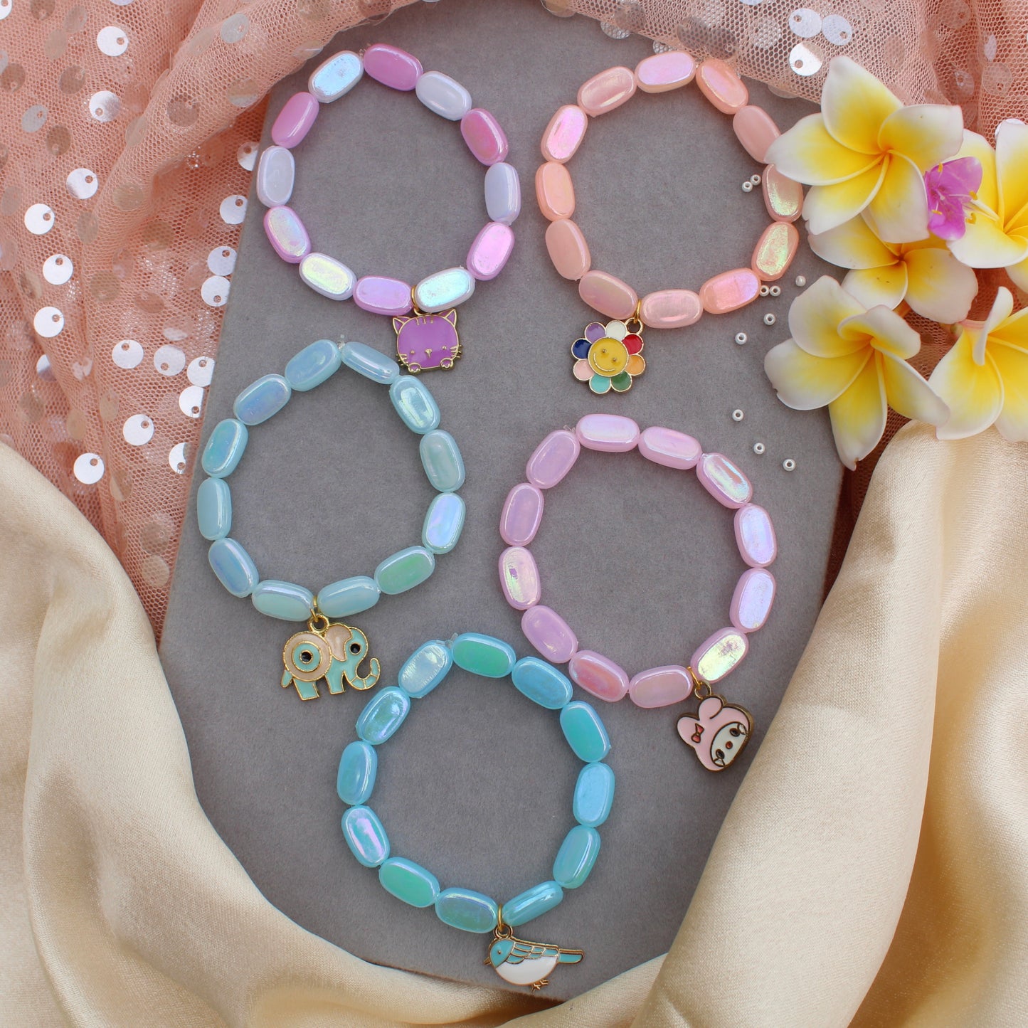 (Set of 5) Pastel Charm Stretchable Bracelet for Girls