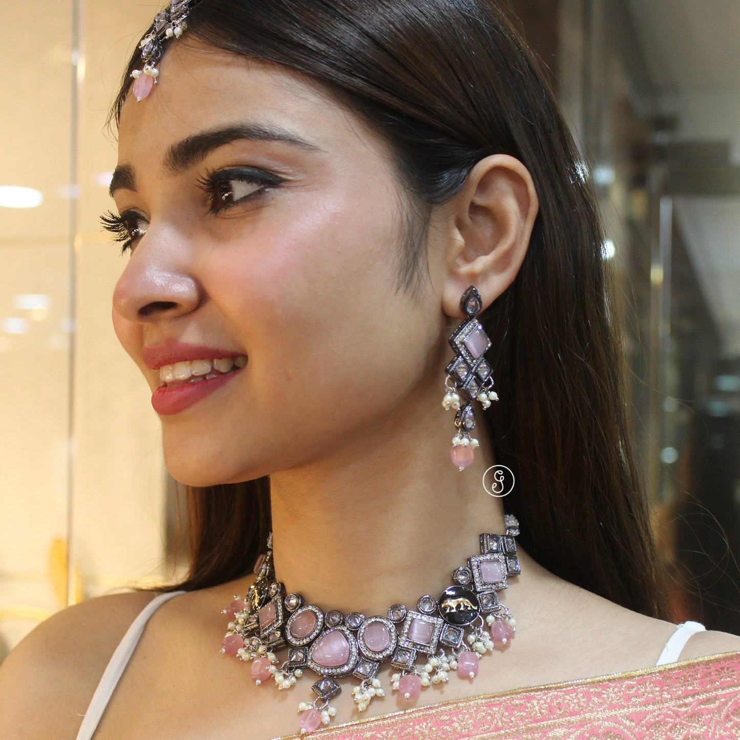 Sabyasachi Inspired Pink Monalisa Stones Necklace Set