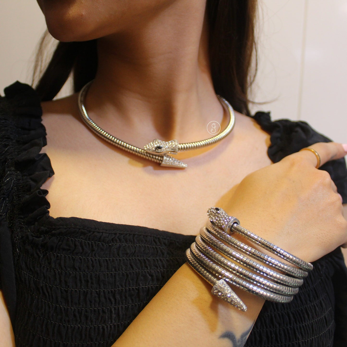 Silver Snake Design Statement Necklace & Bracelet