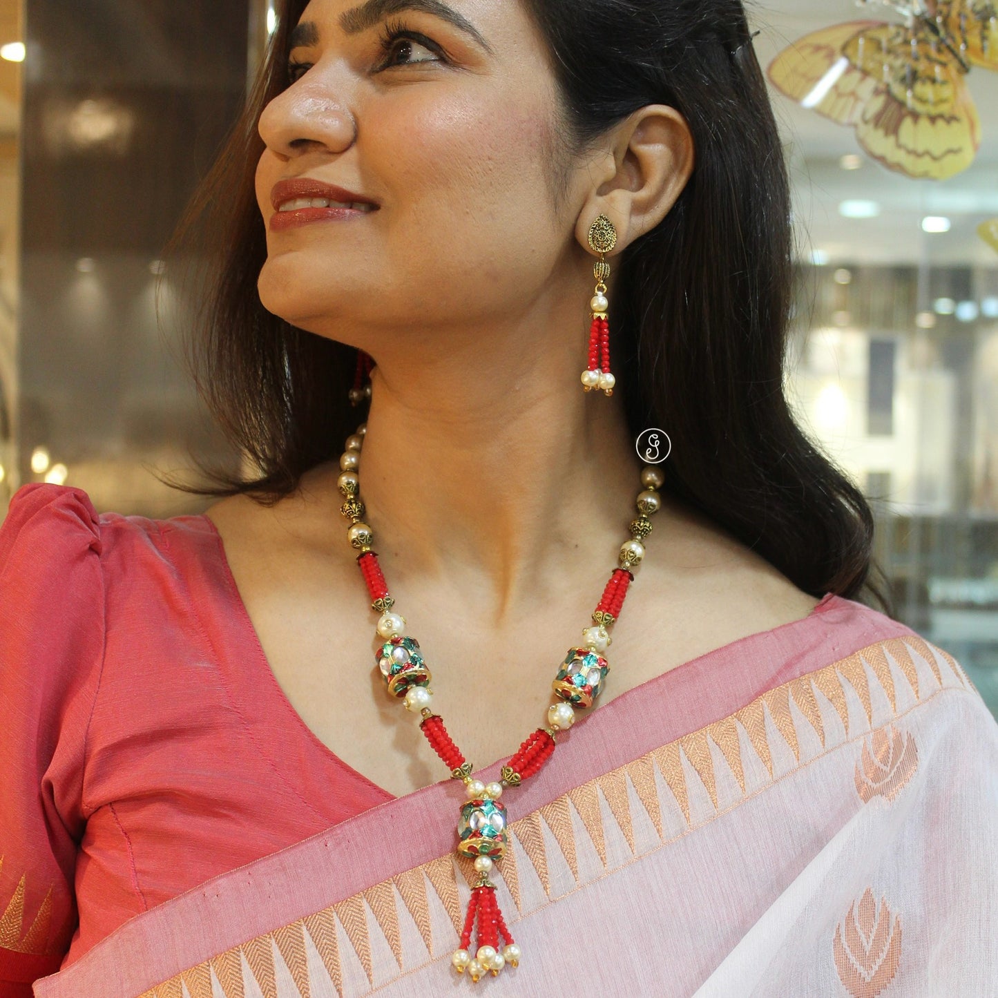 Beautiful Red Crystal & Brass Beads Necklace Set