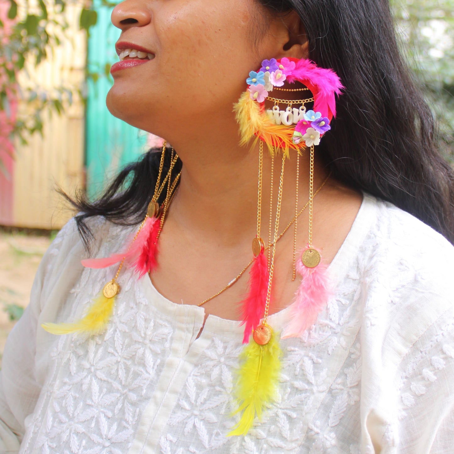 Vibrant Feathers & Flowers Work Long Earrings