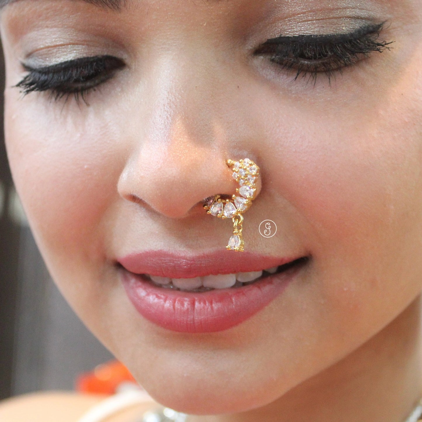 Golden CZ Diamonds Work Mini Nath/Nose Ring