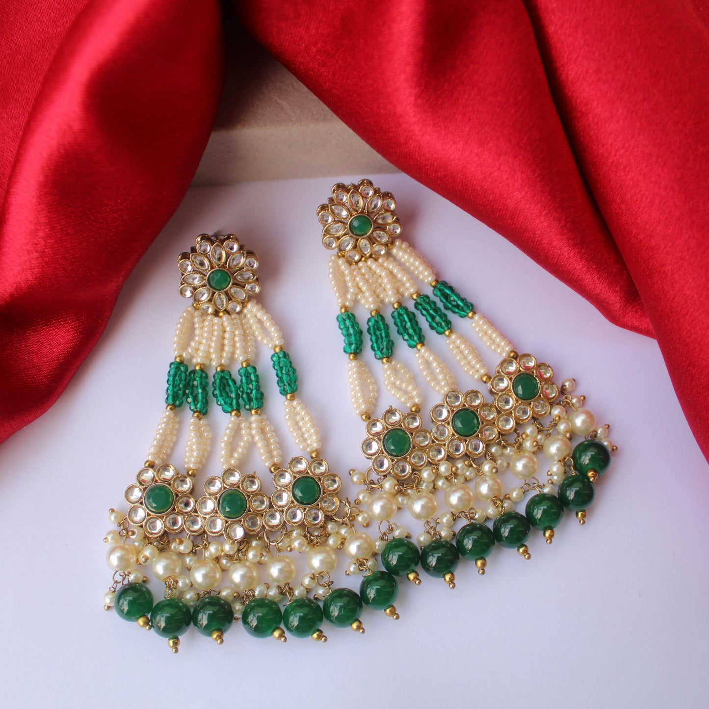 Classic Green & White Kundan Long Ethnic Earrings